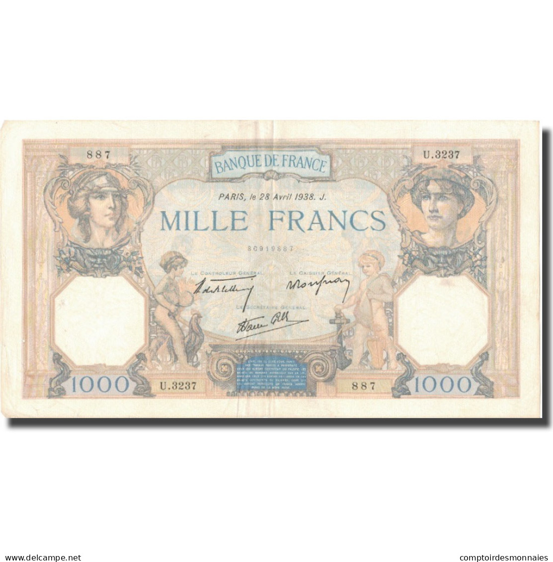 France, 1000 Francs, 1938, 1938-04-28, TTB, Fayette:38.12, KM:90c - 1 000 F 1927-1940 ''Cérès Et Mercure''