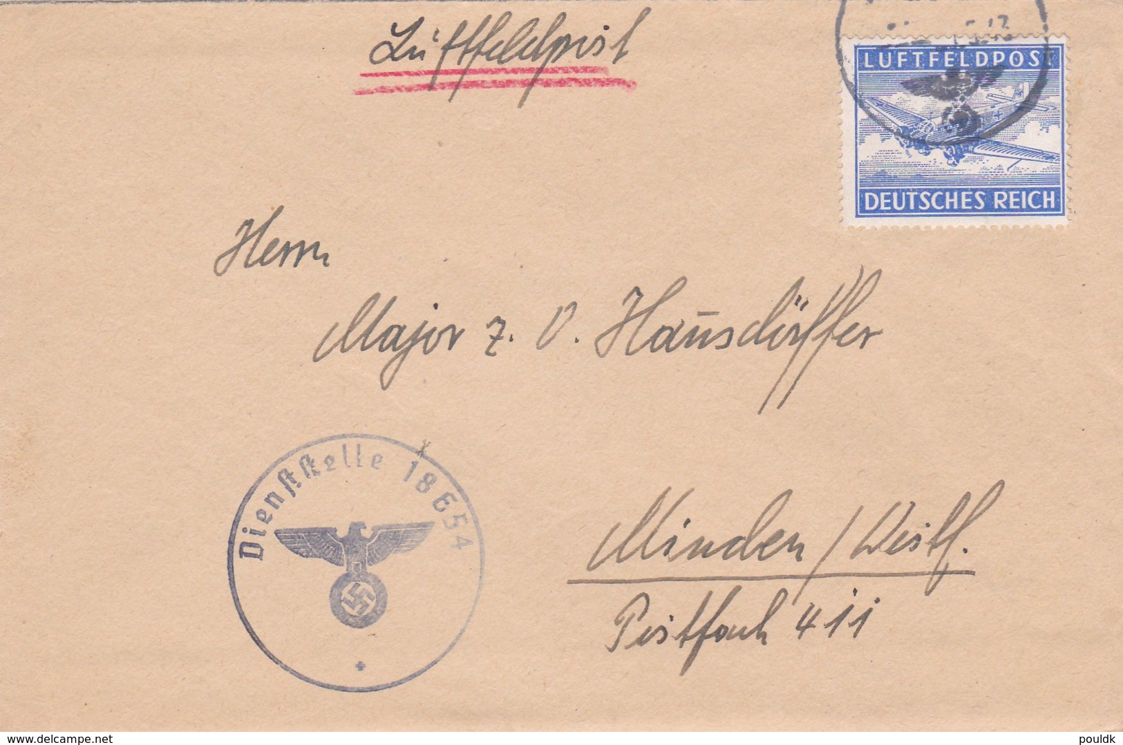 German Feldpost WW2: Airmail From Ortskommandantur (I) 406 FP 18654 To A Major (the Father) In Minden - Militaria