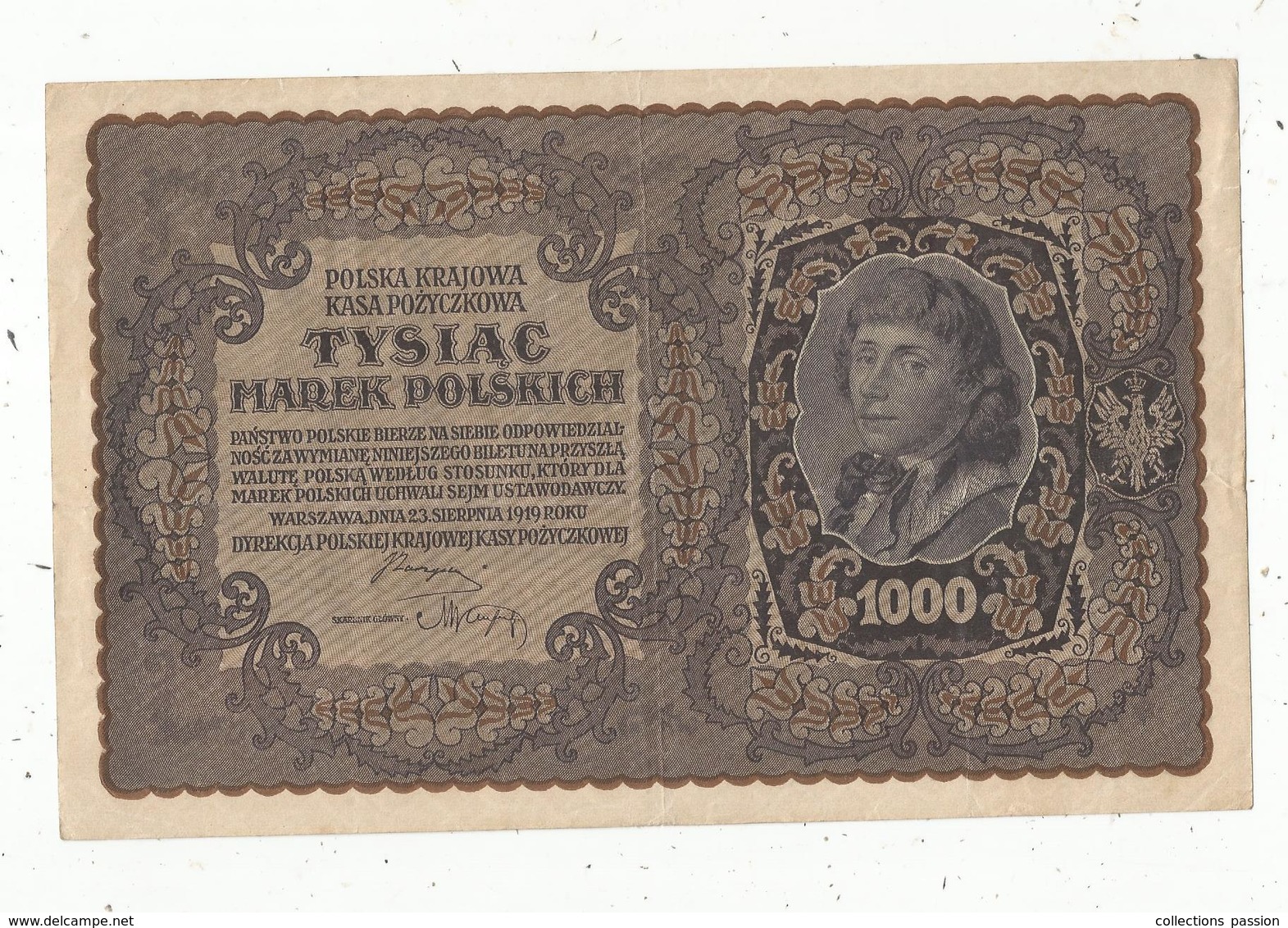 Billet, Pologne , 1000 ,tysiac MAREK Polskich ,  1919 , SUP, Frais Fr 1.65 E - Pologne