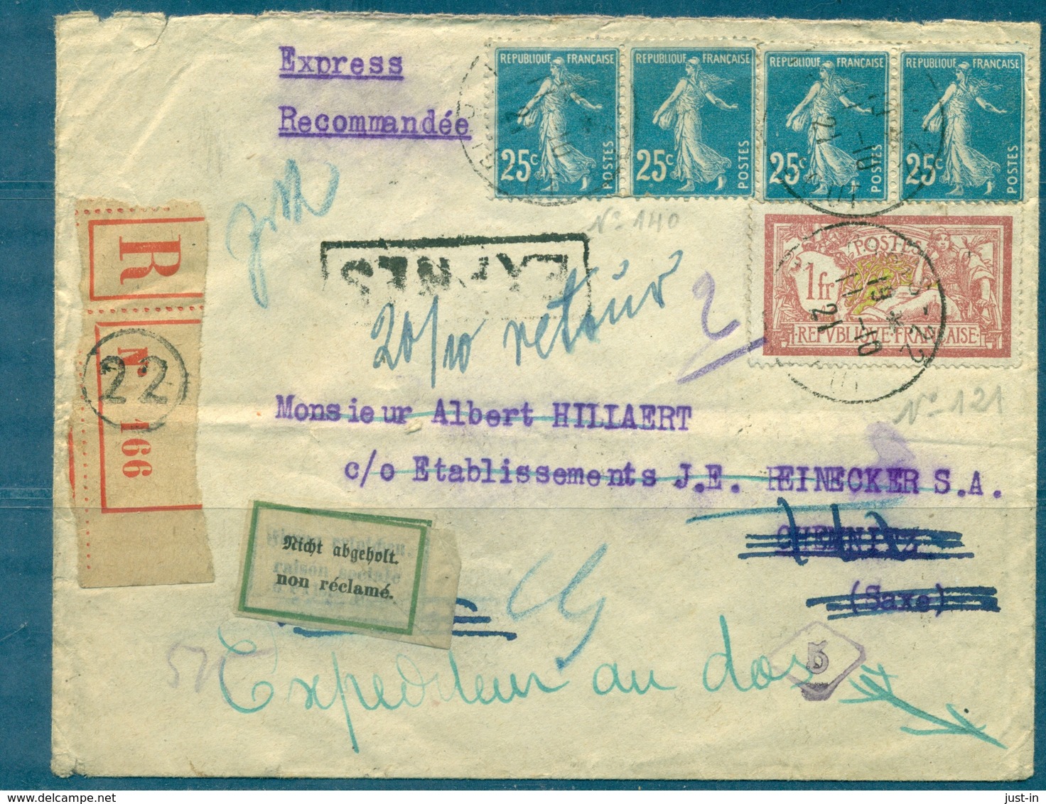FRANCE Lettre Express Rec. Pour La SAXE 1921 + Retour De CHEMNITZ . Pas Courant - 1921-1960: Modern Period