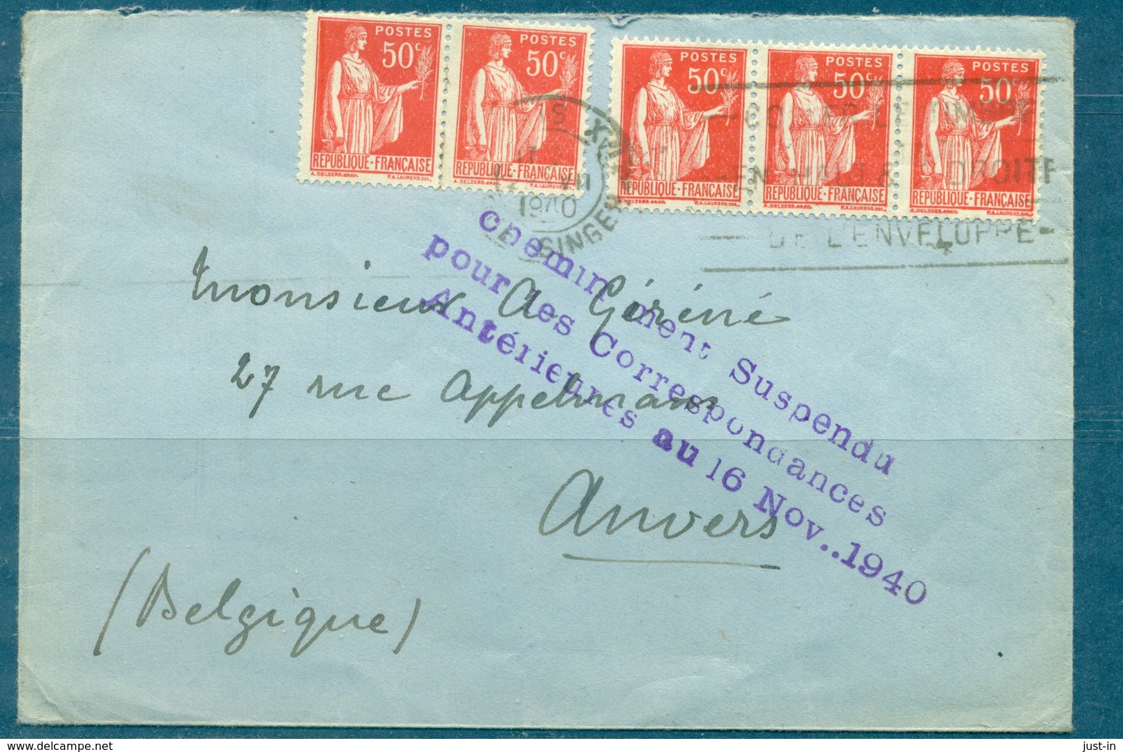 FRANCE GUERRE 39 / 45 Lettre Affr. 50 C Paix X 5 Ex.pour ANVERS Griffe Violette - Guerre De 1939-45