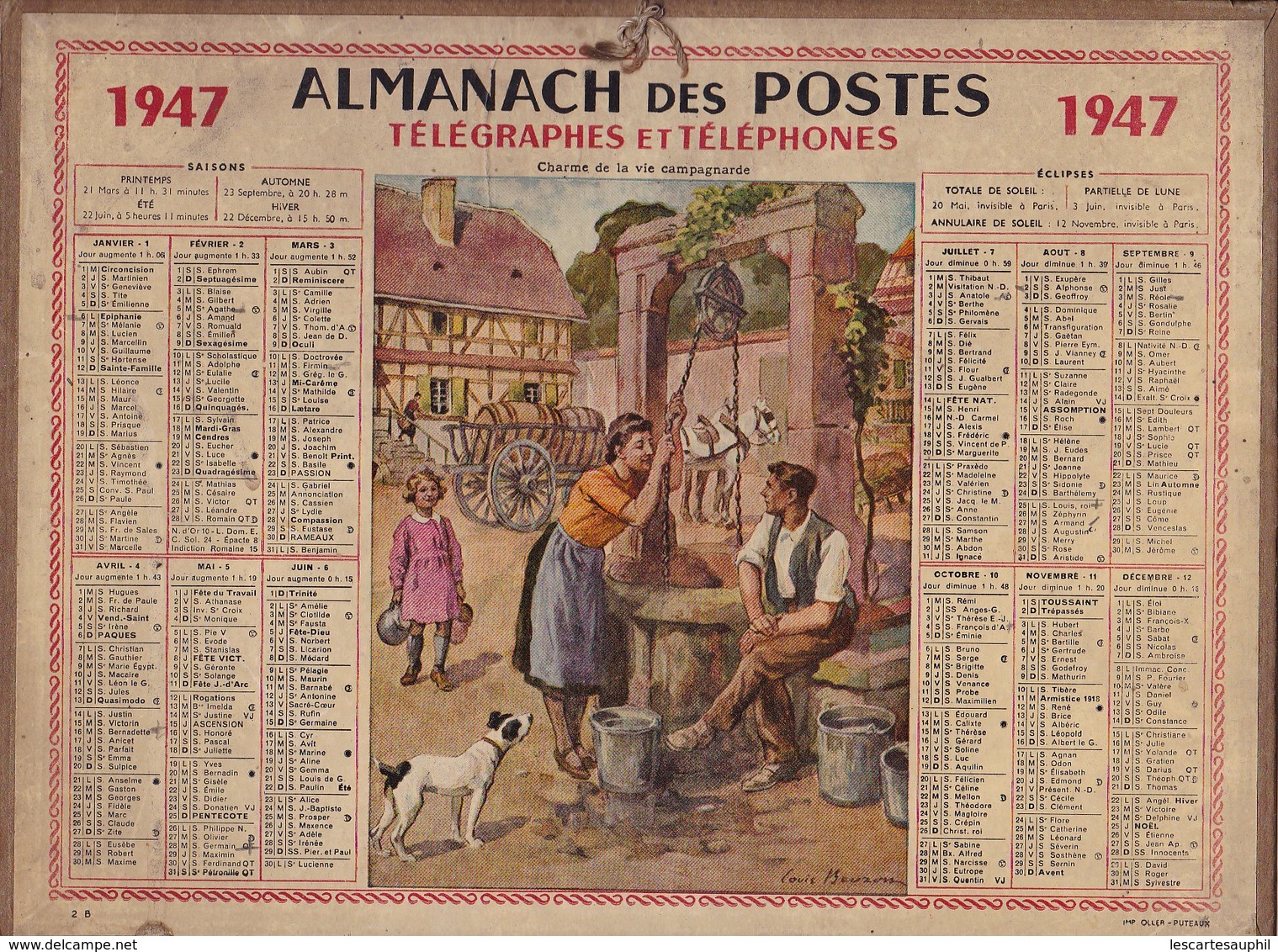 Almanach Des Postes 1947 Illustré Louis Beuzon Charme De Vie Campagnarde Petite Fille Romance Au Puits Pas De Calais - Grand Format : 1941-60