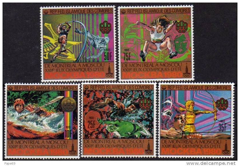 Comores N° 308 / 12  X Jeux Olympiques De Moscou   La Série Des 5 Valeurs Trace De Charnière Sinon TB - Comores (1975-...)