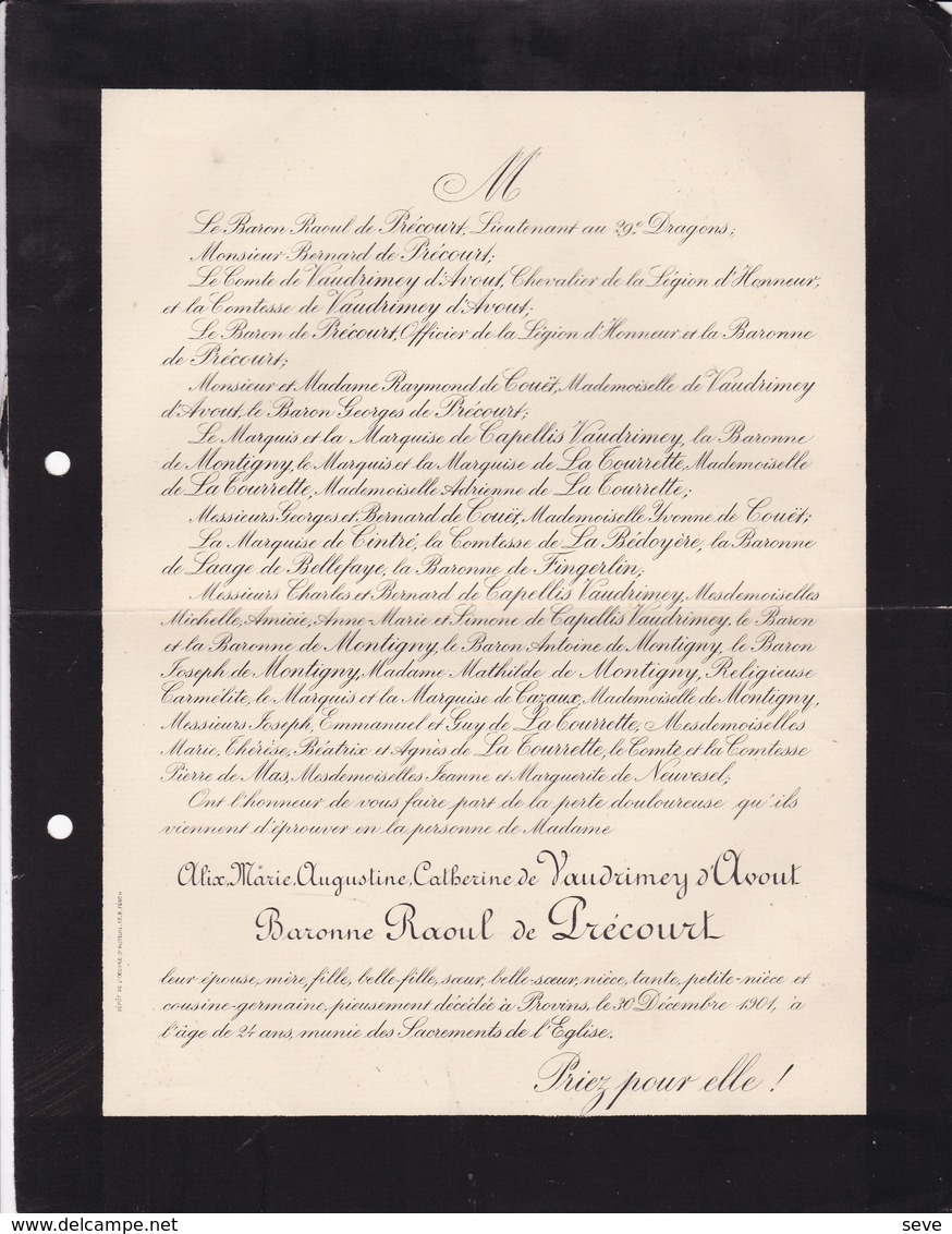 PROVINS Alix De VAUDRYMEY D'AVOUT Baronne Raoul De PRECOURT 24 Ans 1901 Lettre Mortuaire De Couët De La TOURETTE - Décès