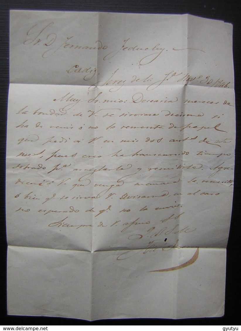 1846 Lettre Pour Cadix (Cadiz Espagne) Cachet Rouge à Identifier, Sceau En Cire J.B Au Revers - ...-1850 Prefilatelia