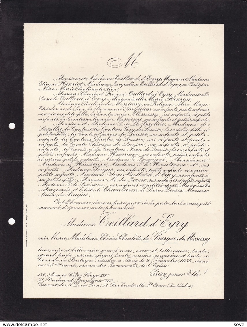 PARIS Marie De BURGUES De MISSIESSY épouse TEILLARD D'EYRY 69 Ans 1935 Famille HENRIOT Lettre Mortuaire - Décès