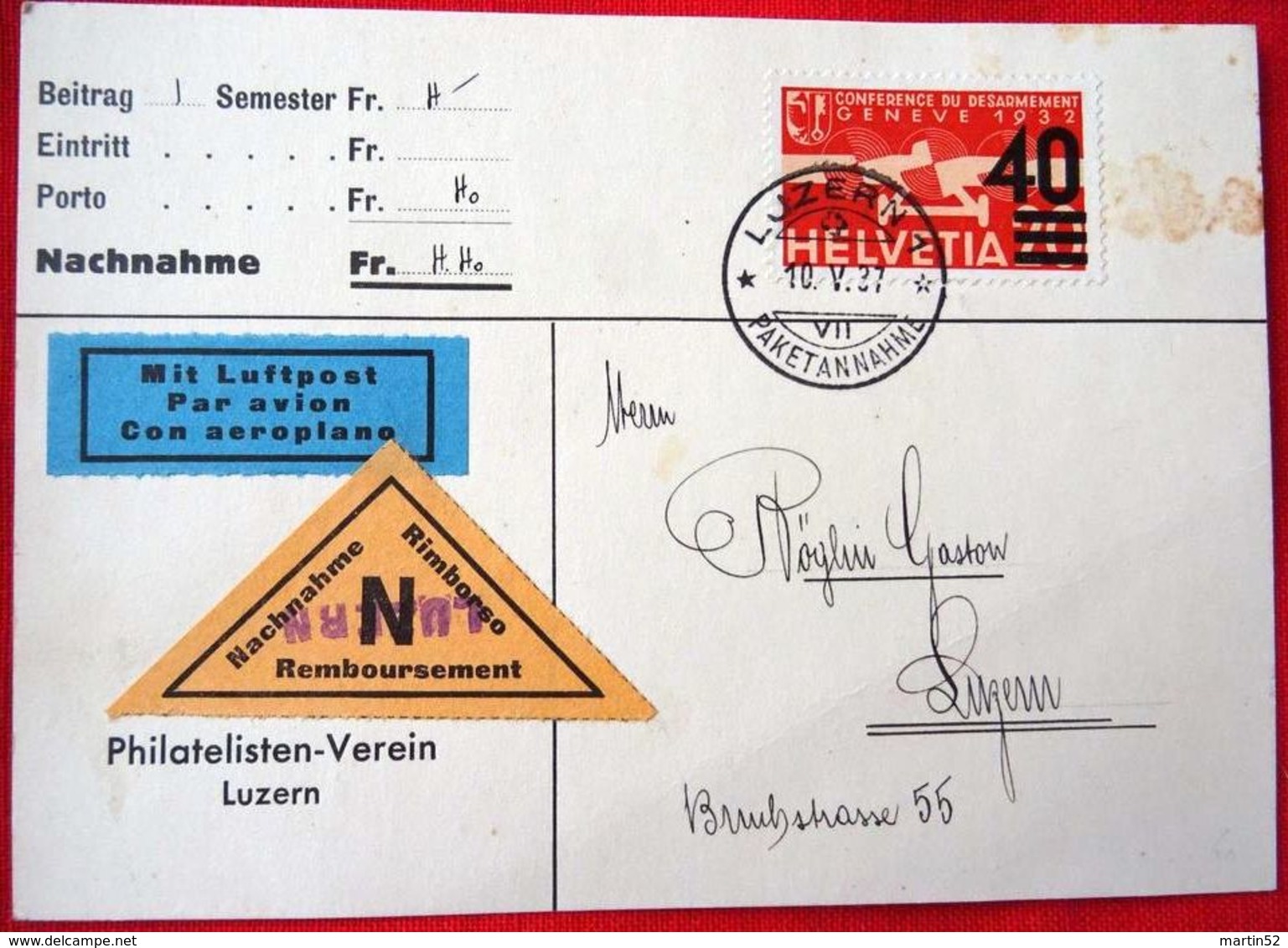 Schweiz Suisse 1937: Aufdruck "40"  Zu Flug 25 Mi 310 Yv PA25 Auf NN-Karte Mit O LUZERN 10.V.37 (Zu CHF 40.00) - Lettres & Documents