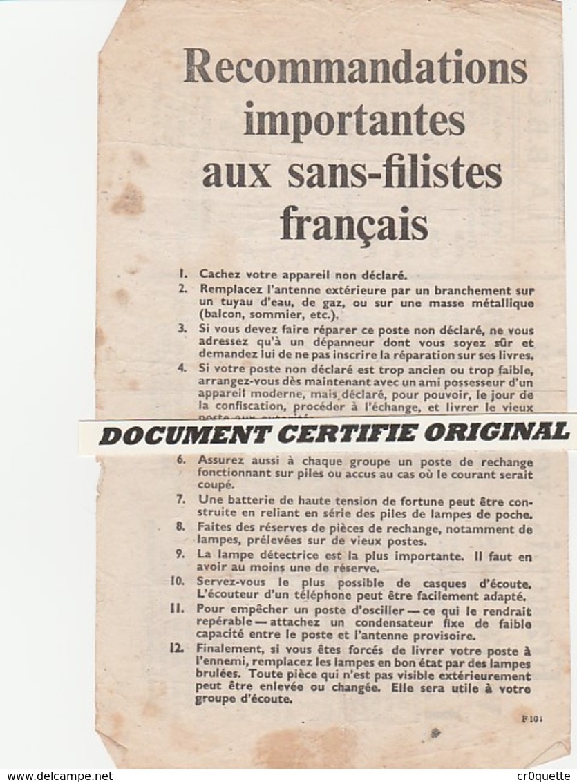 TRACT 39/45 - RECOMMANDATIONS IMPORTANTES AUX SANS FILISTES FRANCAIS - Historische Documenten