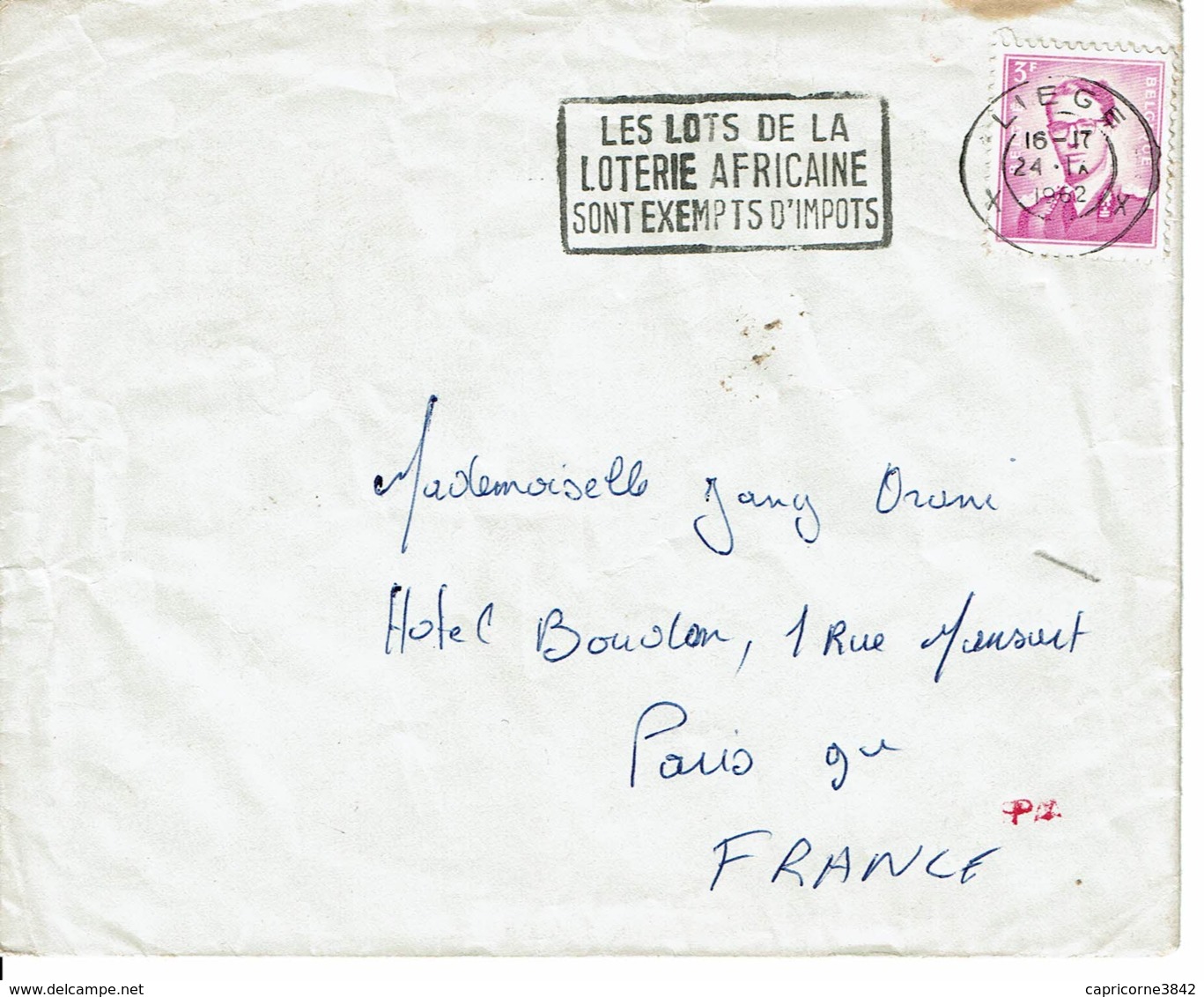 1962 - Belgique Pour La France - Obl "LES LOTS DE LA LOTERIE AFRICAINE SONT EXEMPTS D'IMPOTS" - Tp N° 1067 - Vlagstempels