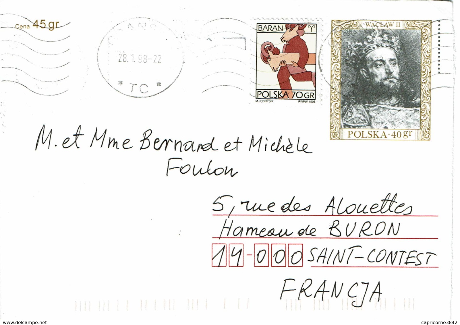 Enveloppe Entier Postal De 1996 - Tp Roi Waclaw II + Complément D'affranchissement (tp N° 3402) - Stamped Stationery