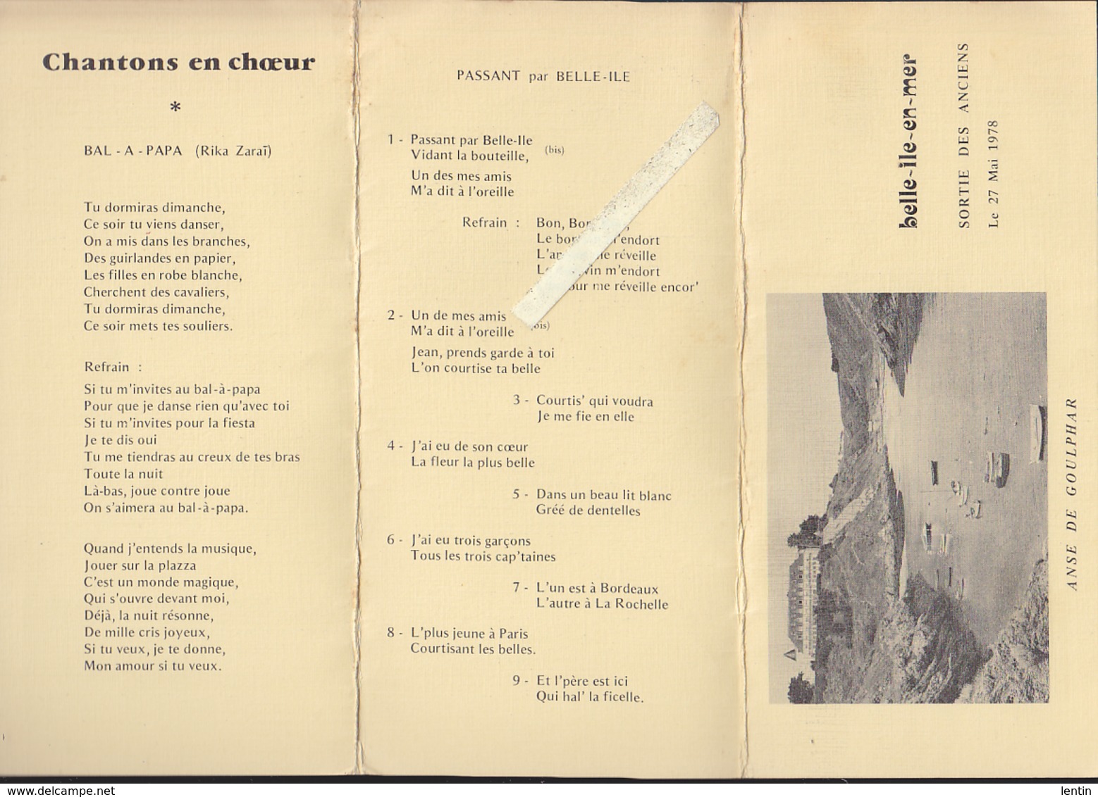 Belle Ile En Mer 56 - Sortie Brissonneau & Lotz - Menu Manoir De Goulphar, Chanson - Mai 1978 - Menus