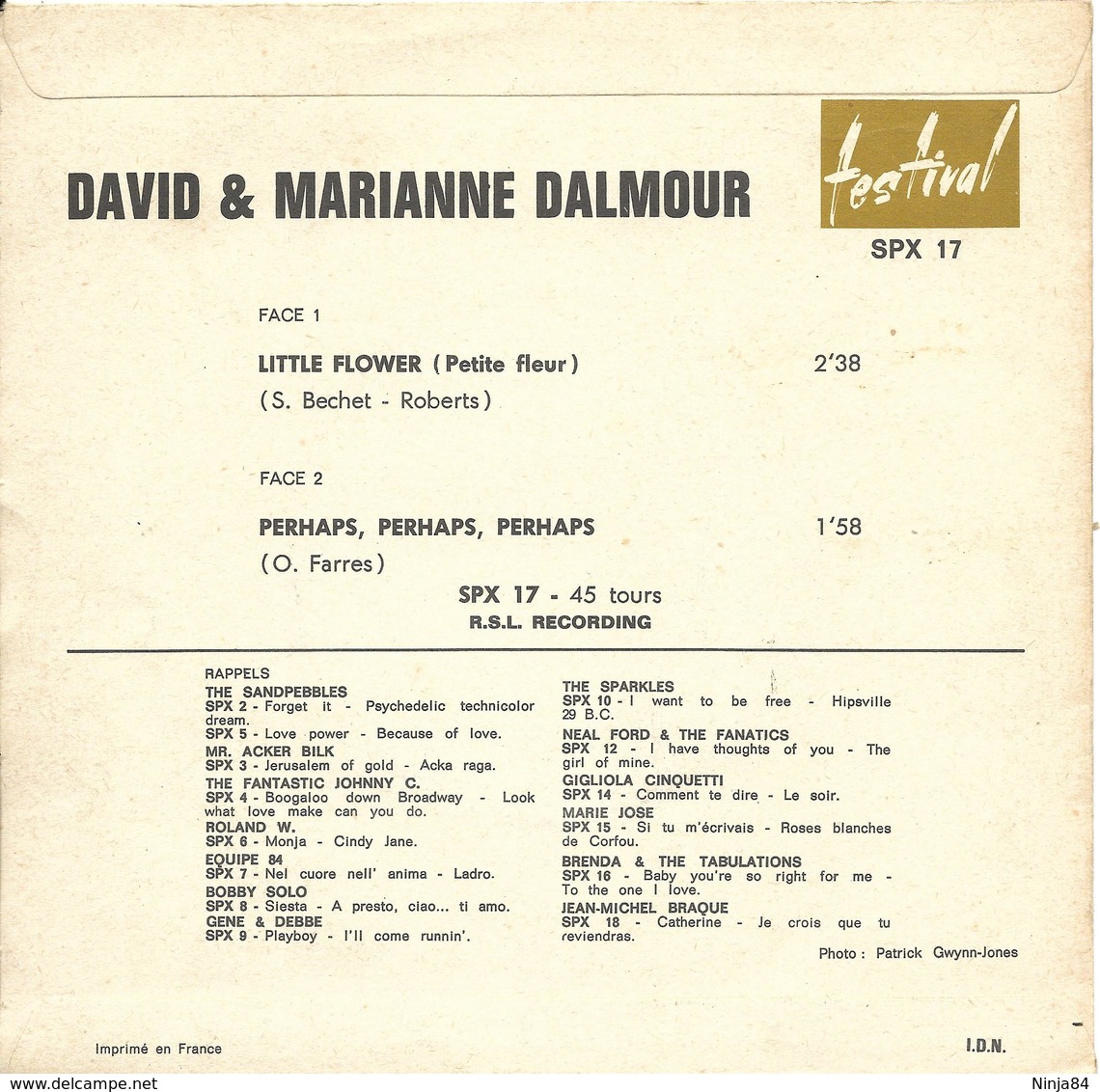 SP 45 RPM (7")  David & Marianne Dalmour / Sidney Bechet  "  Little Flower  " - Jazz