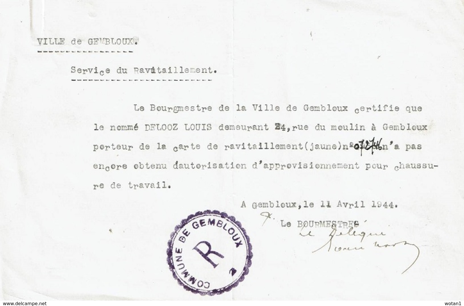 VILLE DE GEMBLOUX - Service Du Ravitaillement "Chaussures De Travail" Pour DELOOZ Louis - Gembloux - 1939-45