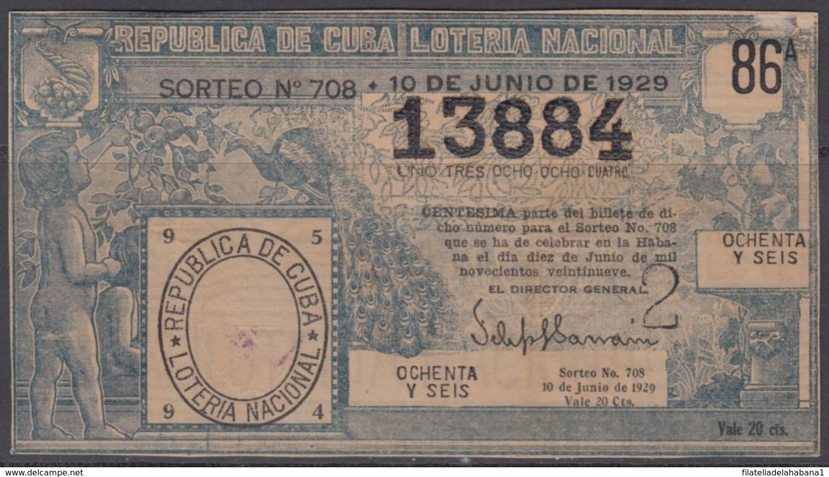 LOT-392 CUBA REPUBLIC OLD LOTTERY SORTEO DE LOTERIA No.708. 10/06/1929 - Lottery Tickets