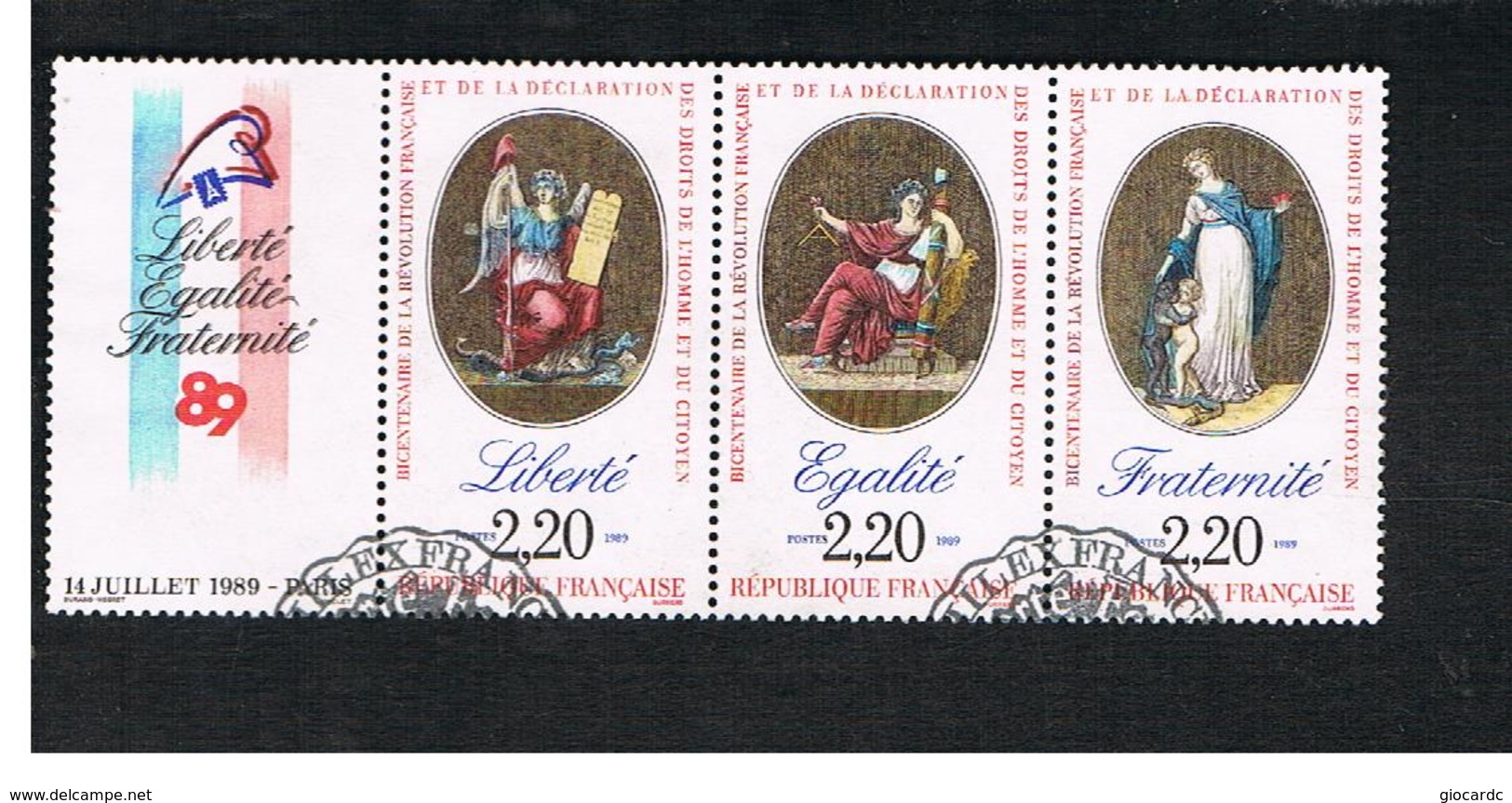 FRANCIA (FRANCE) - SG 2871.2873 - 1989 BICENTENARY FRENCH REVOLUTION (COMPLET SET OF 3 SE-TENANT + LABEL)     -    USED - Oblitérés