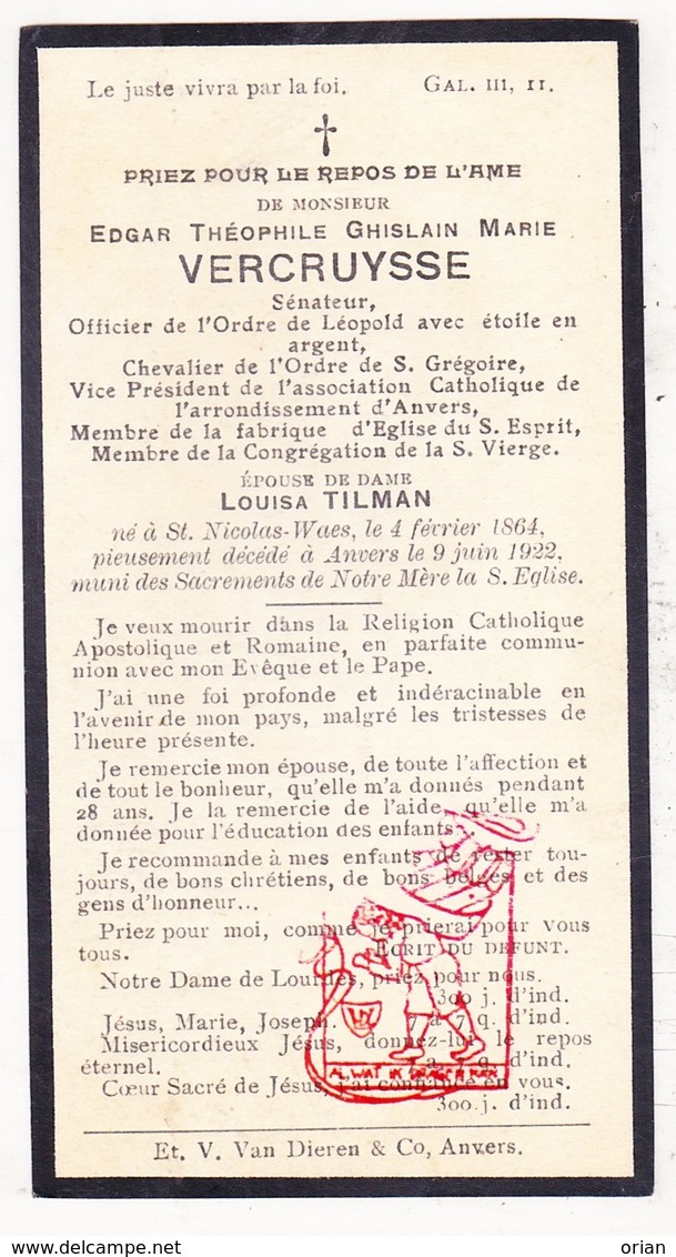 DP Senator Edgar Th. Vercruysse ° Sint-Niklaas 1864 † Antwerpen 1922 X Louisa Tilman - Images Religieuses