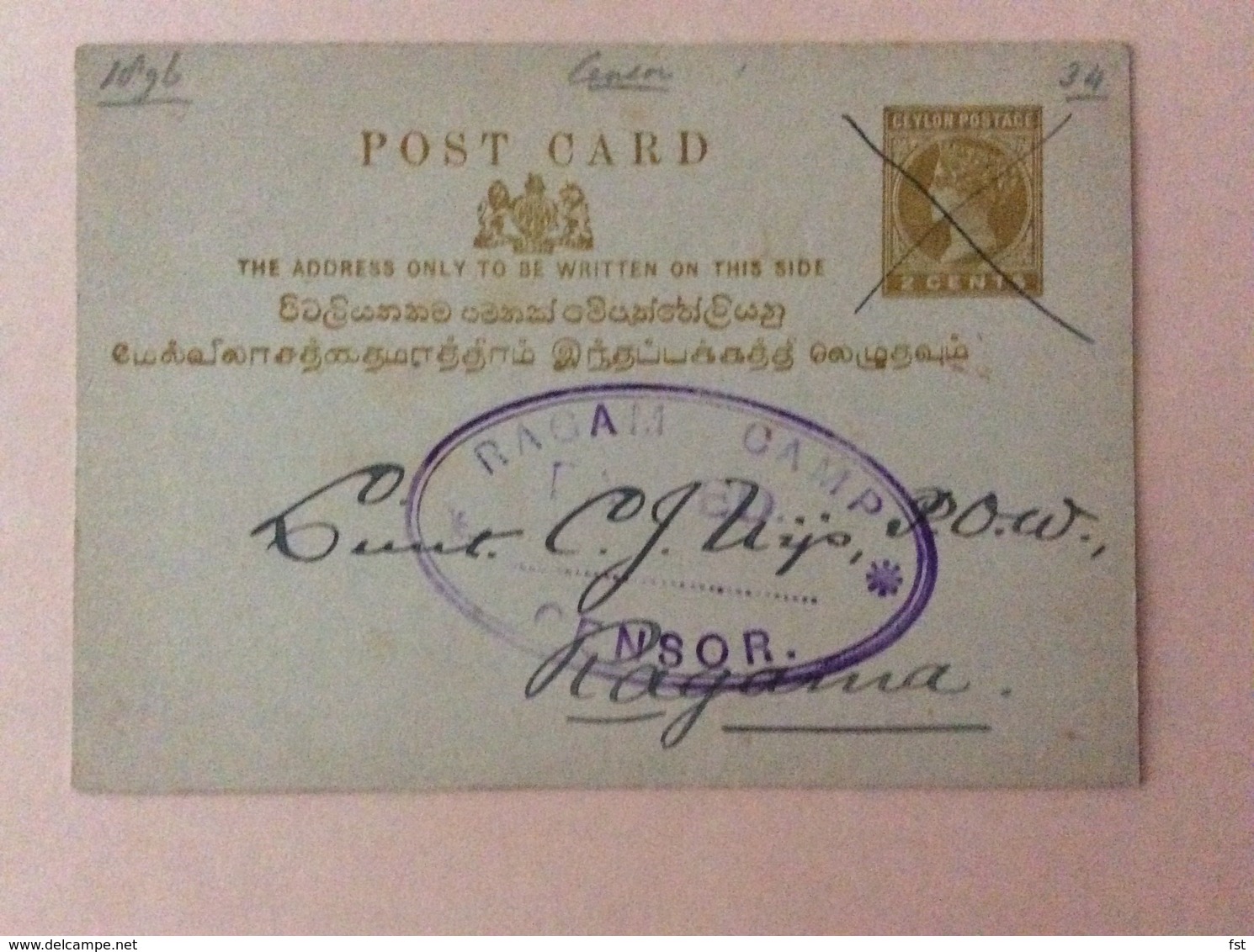 1901 Ceylon RAGAM CAMP CENSOR - Sri Lanka (Ceylon)