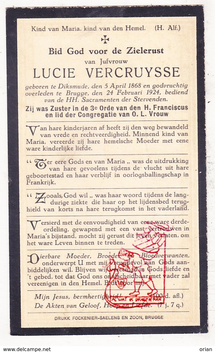 DP Lucie Vercruysse ° Diksmuide 1868 † Brugge 1924 - Images Religieuses