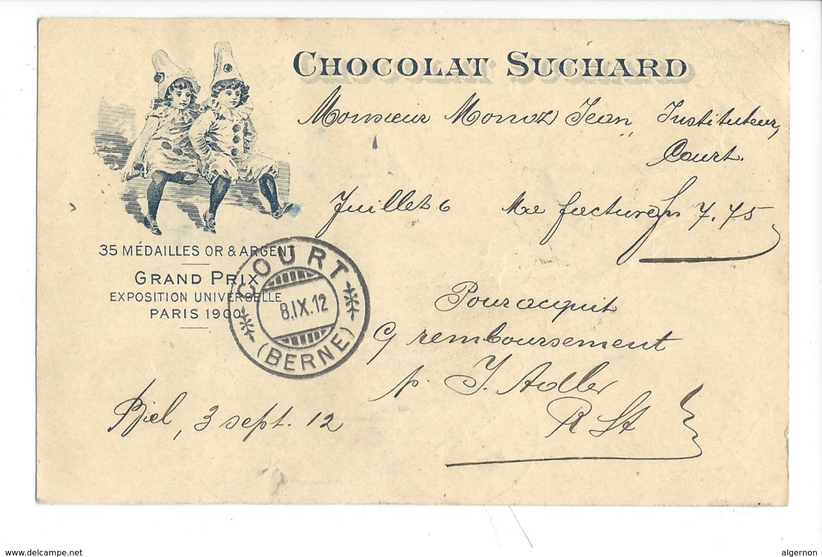 21072 -  Chocolat Suchard Grand Prix Exposition Universelle Paris 1900  Clowns  + Cachet Court 08.09.1912 Remboursement - Publicité
