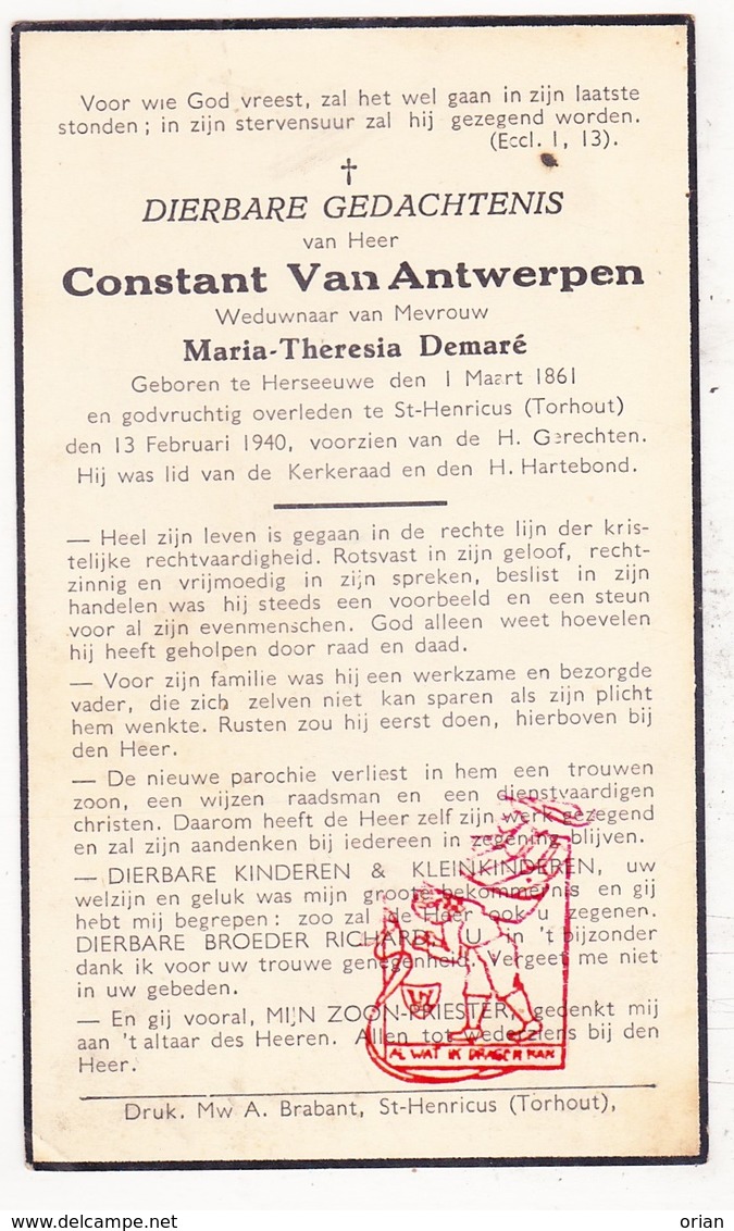 DP Constant Van Antwerpen ° Herzeeuw Herseaux Moeskroen 1861 † Sint-Henricus Torhout 1940 X M. Th. Demaré - Images Religieuses