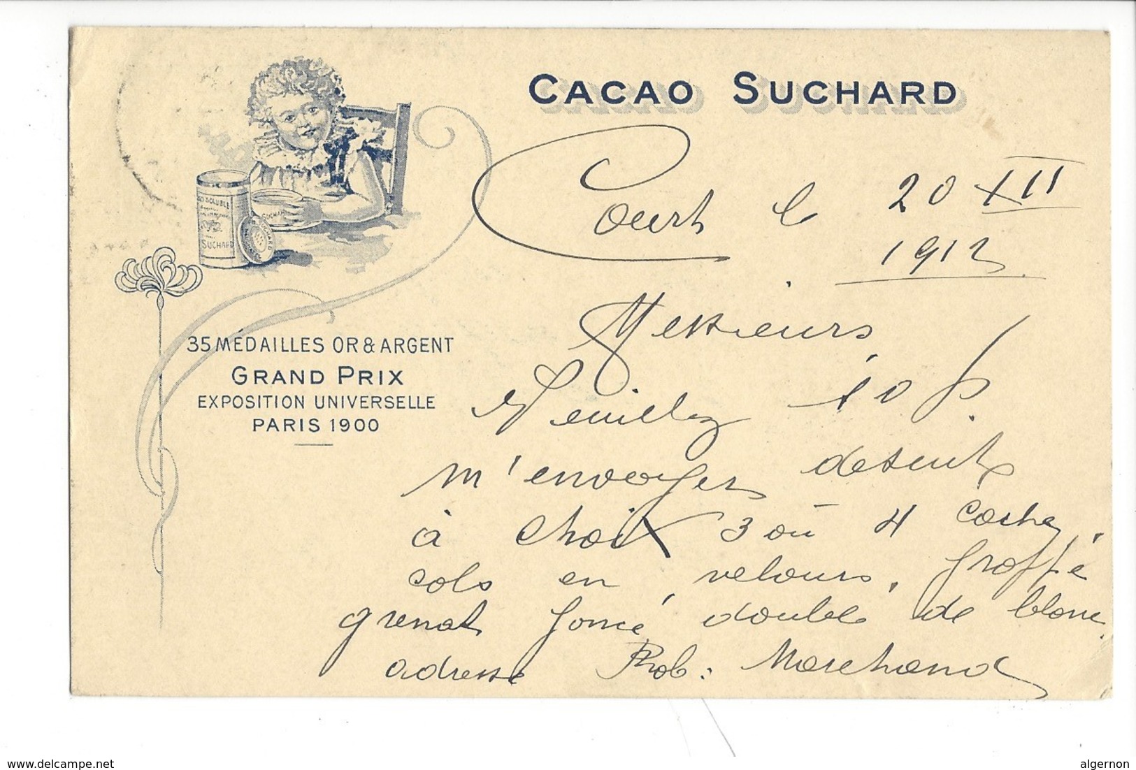 21074 -   Cacao Suchard Neuchâtel Grand Prix Paris 1900 Court 20.12.1912 + Cachet Robert Marchand - Publicité