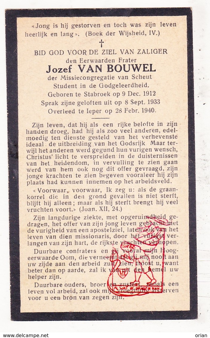 DP EH Student - Jozef Van Bouwel 27j. ° Stabroek 1912 † Ieper 1940 / Scheut Anderlecht - Images Religieuses