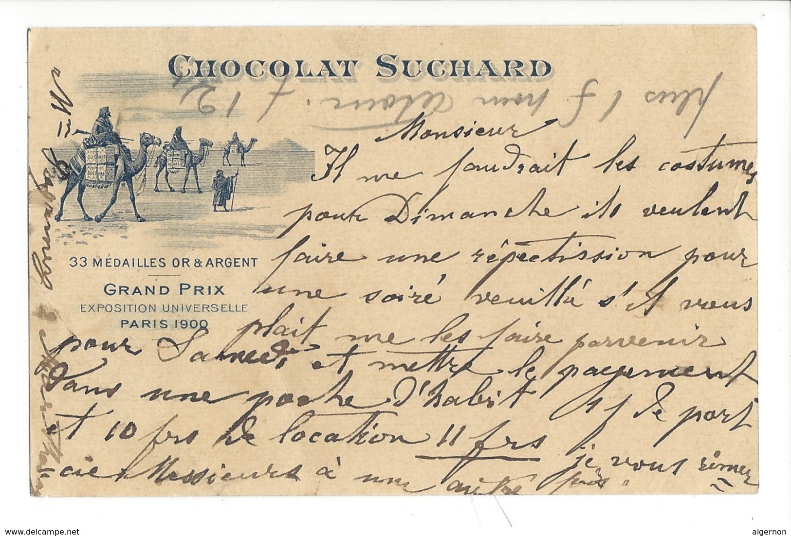 21078 -   Chocolat Suchard Neuchâtel Grand Prix Paris 1900  Dromadaires + Cachet Sentier 17.04.1903 - Publicité