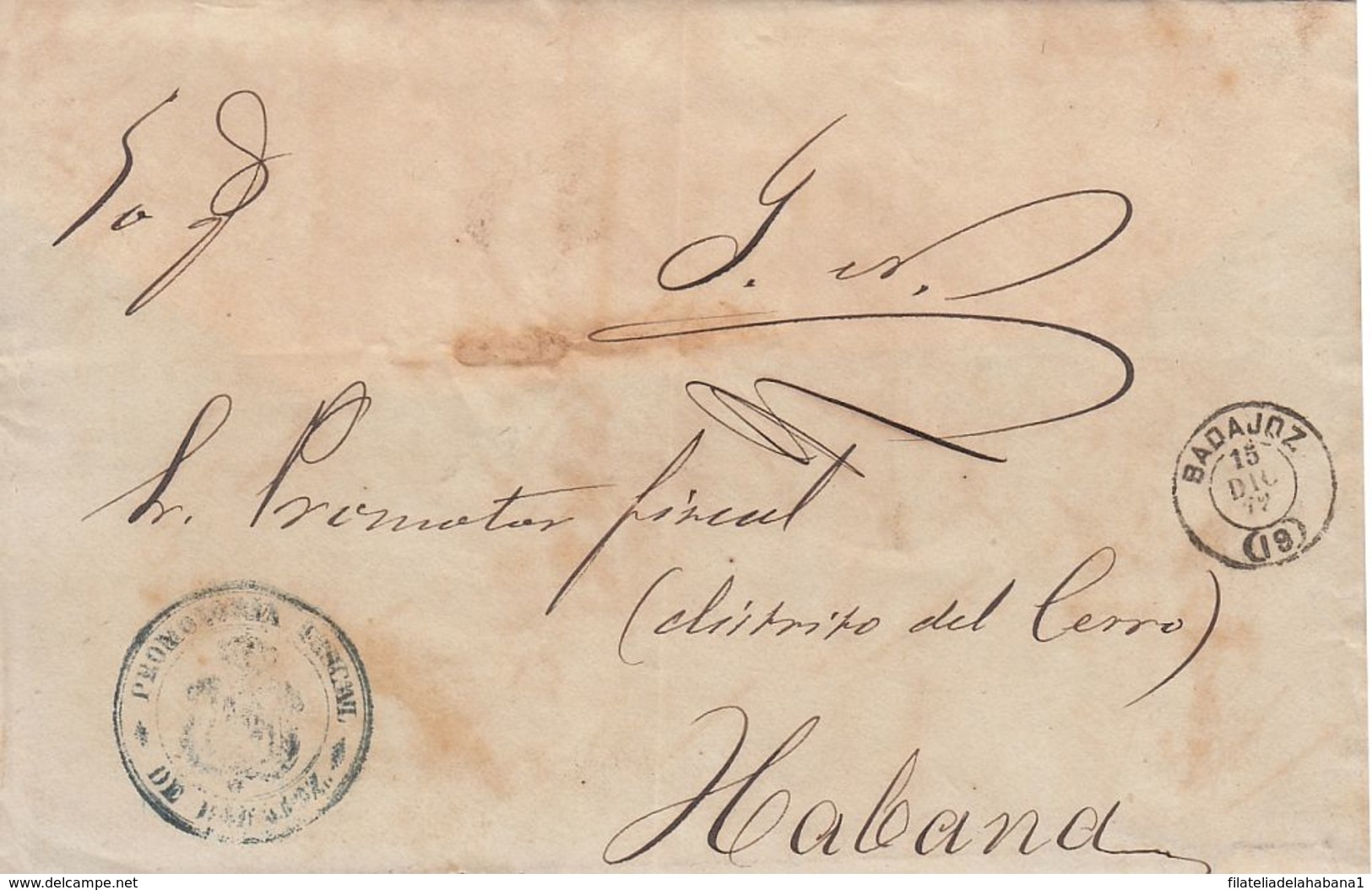 PREFI-670 CUBA SPAIN STAMPLESS MARITIME MAIL. 1877. OFICIAL MAIL BADAJOZ A LA HABANA. - Prephilately