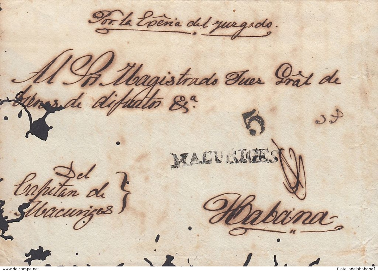 PREFI-673 CUBA SPAIN STAMPLESS PREFILATELIA. 1842. FRONTAL CON LINEAL MACURIGES NEGRO A LA HABANA. - Prephilately