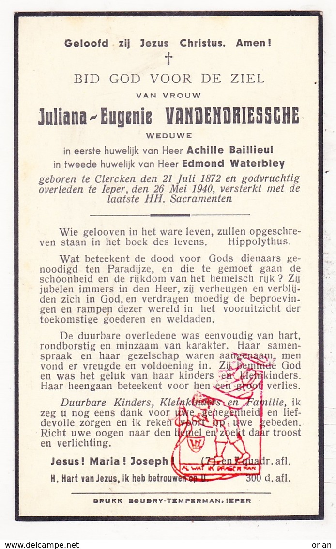 DP Juliana E. VandenDriessche ° Klerken Houthulst 1872 † Ieper 1940 X A. Baillieul Xx E. Waterbley - Images Religieuses