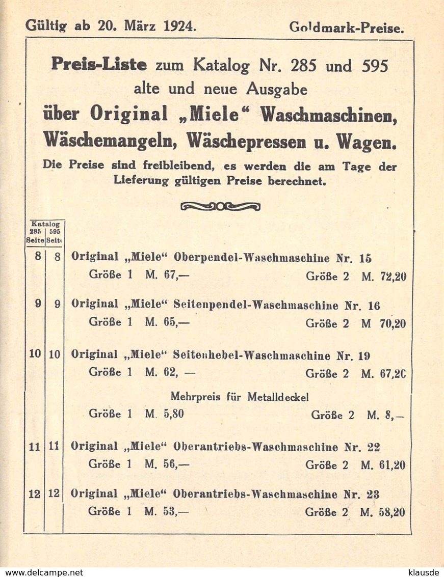 2 Seiten Flyer Mit Preisliste Zum Katalog Nr.285+595 Von Miele 1924 - Historische Dokumente