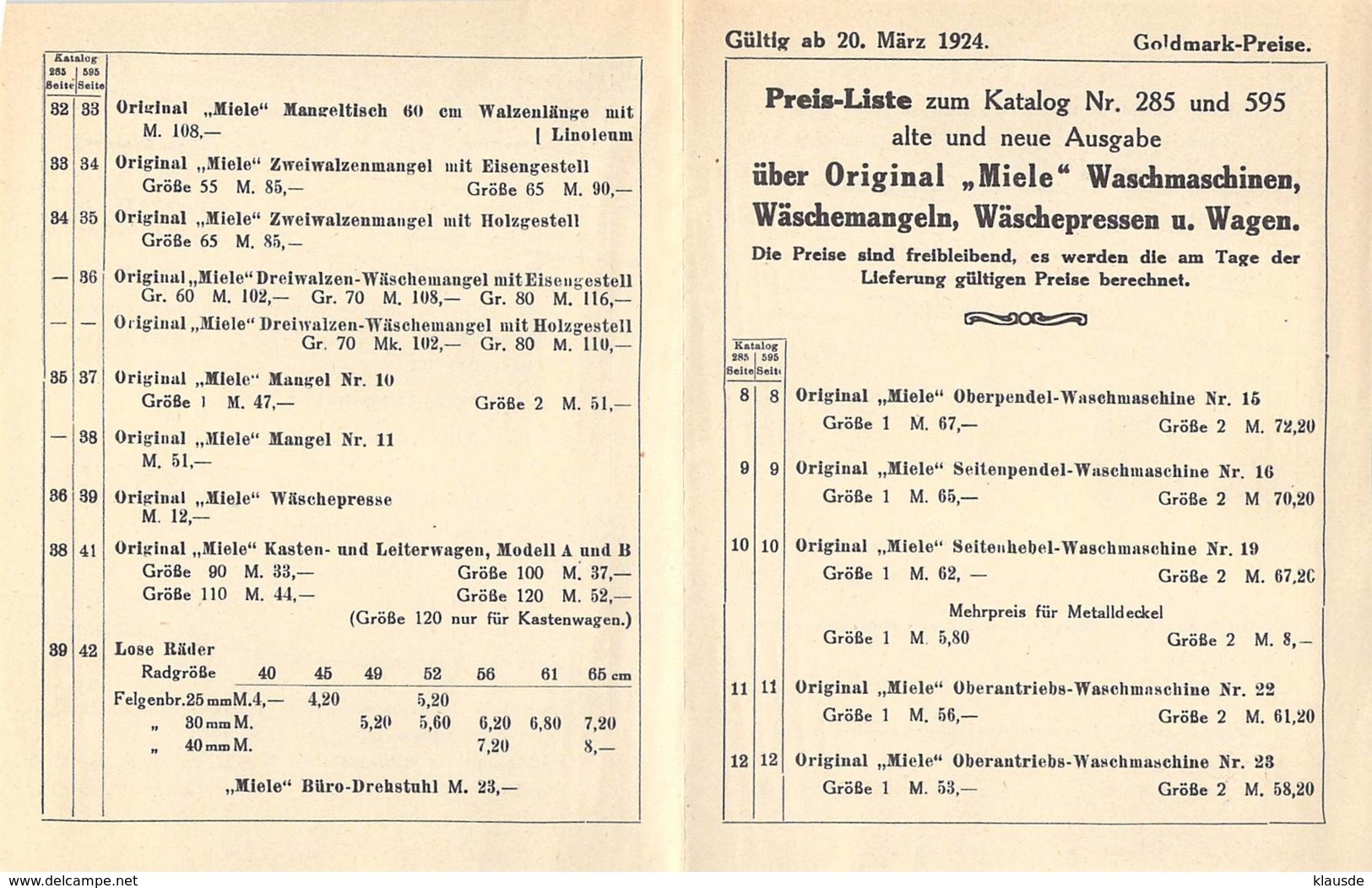 2 Seiten Flyer Mit Preisliste Zum Katalog Nr.285+595 Von Miele 1924 - Historische Dokumente