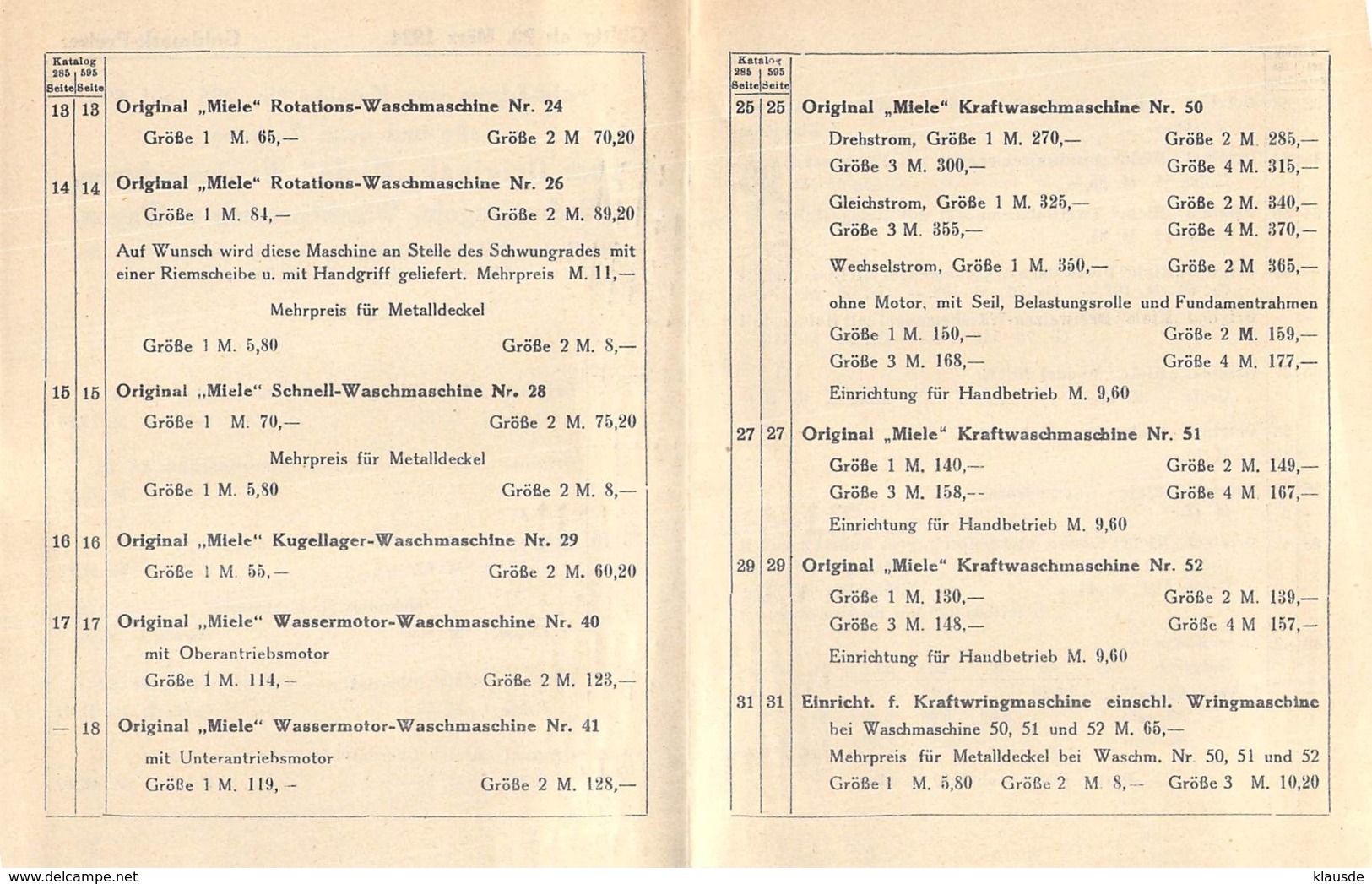 2 Seiten Flyer Mit Preisliste Zum Katalog Nr.285+595 Von Miele 1924 - Historische Dokumente