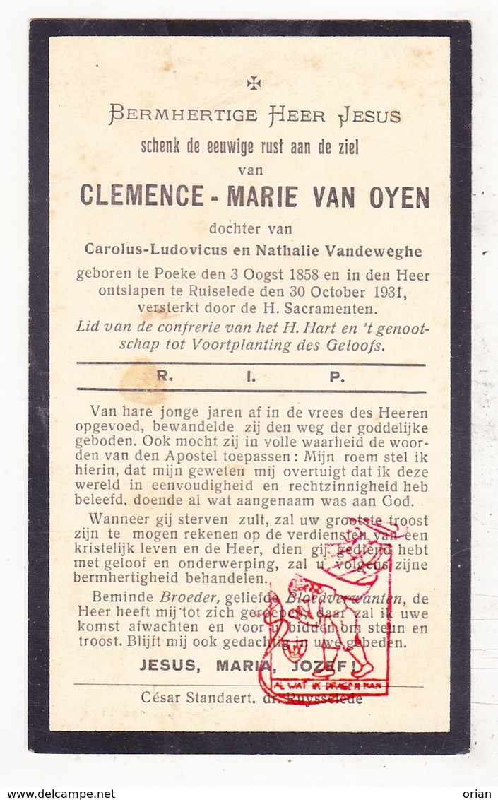 DP Clemence M. Van Oyen / VandeWeghe ° Poeke Aalter 1858 † Ruiselede 1931 - Images Religieuses