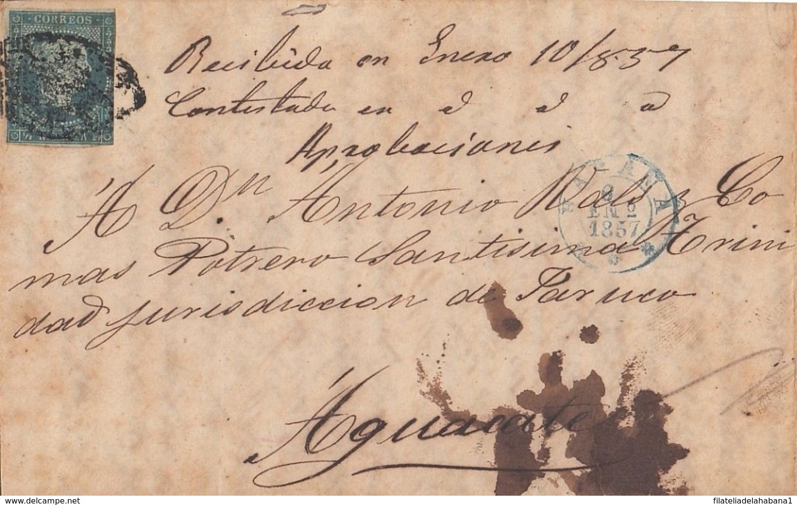 1855-H-140 CUBA SPAIN. ANTILLAS. 1855. ISABEL II. Ant.1. CARTA PRIVADA DE LA HABANA A AGUACATE. ENERO 1857. - Vorphilatelie