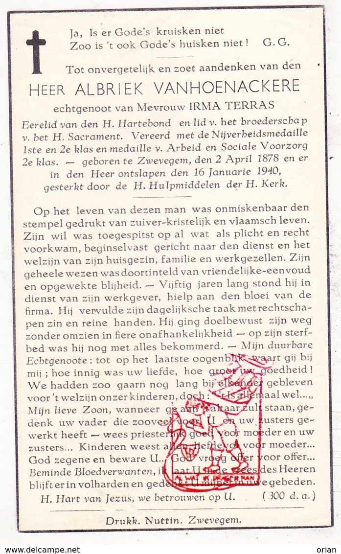 DP Albriek VanHoenackere ° Zwevegem 1878 † 1940 X Irma Terras / G. Gezelle - Santini