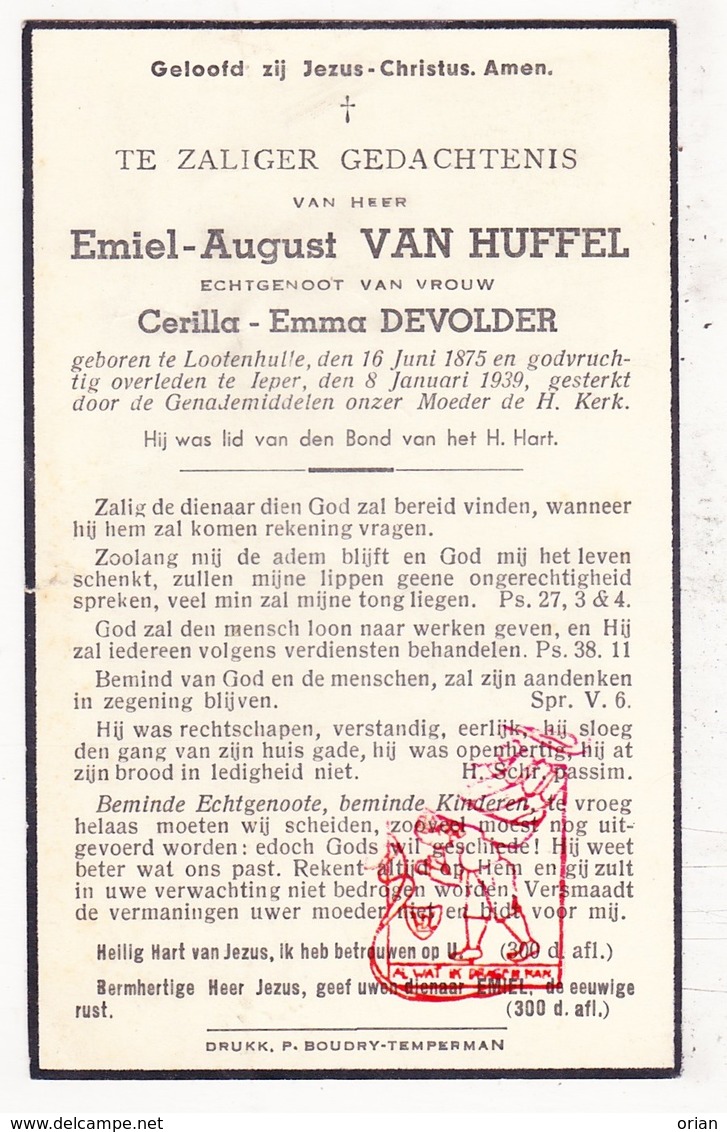 DP Emiel A. Van Huffel ° Lotenhulle Aalter 1875 † Ieper 1939 X Cerilla E. DeVolder - Images Religieuses