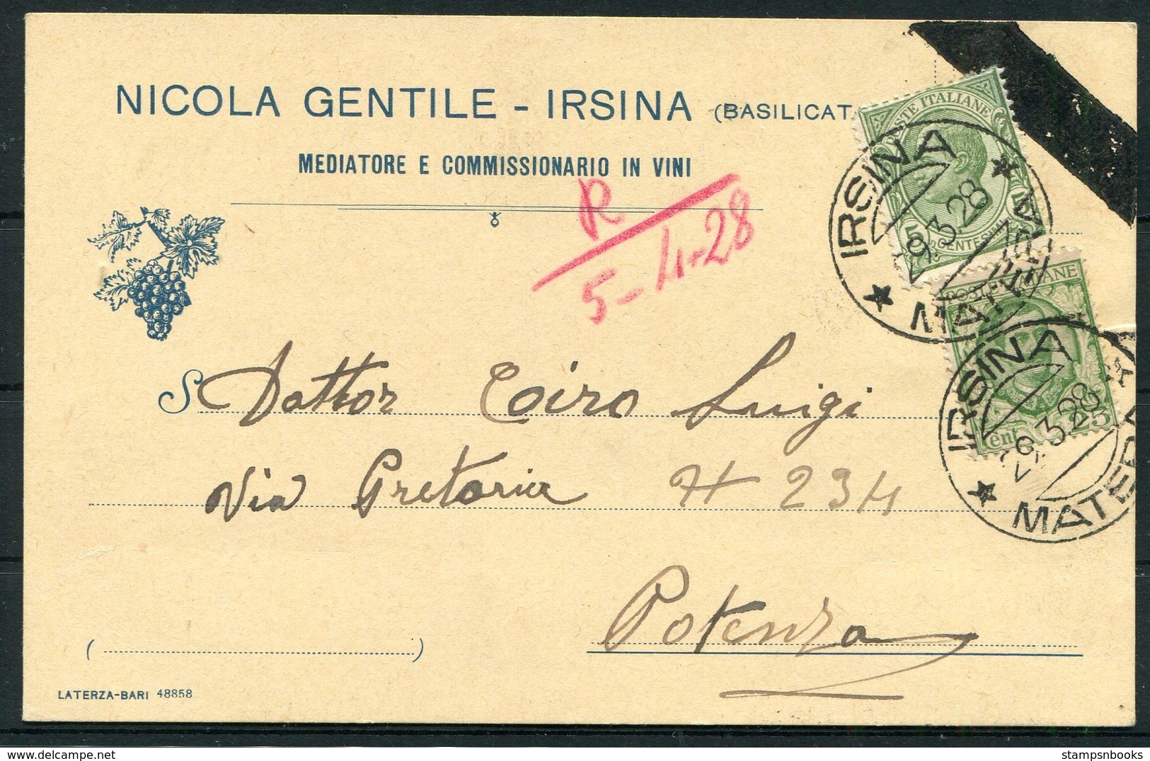 1928 Italy Nicola Gentile, Irsina, Vini Wine Illustrated Advertising Postcard - Potenza - Marcophilia