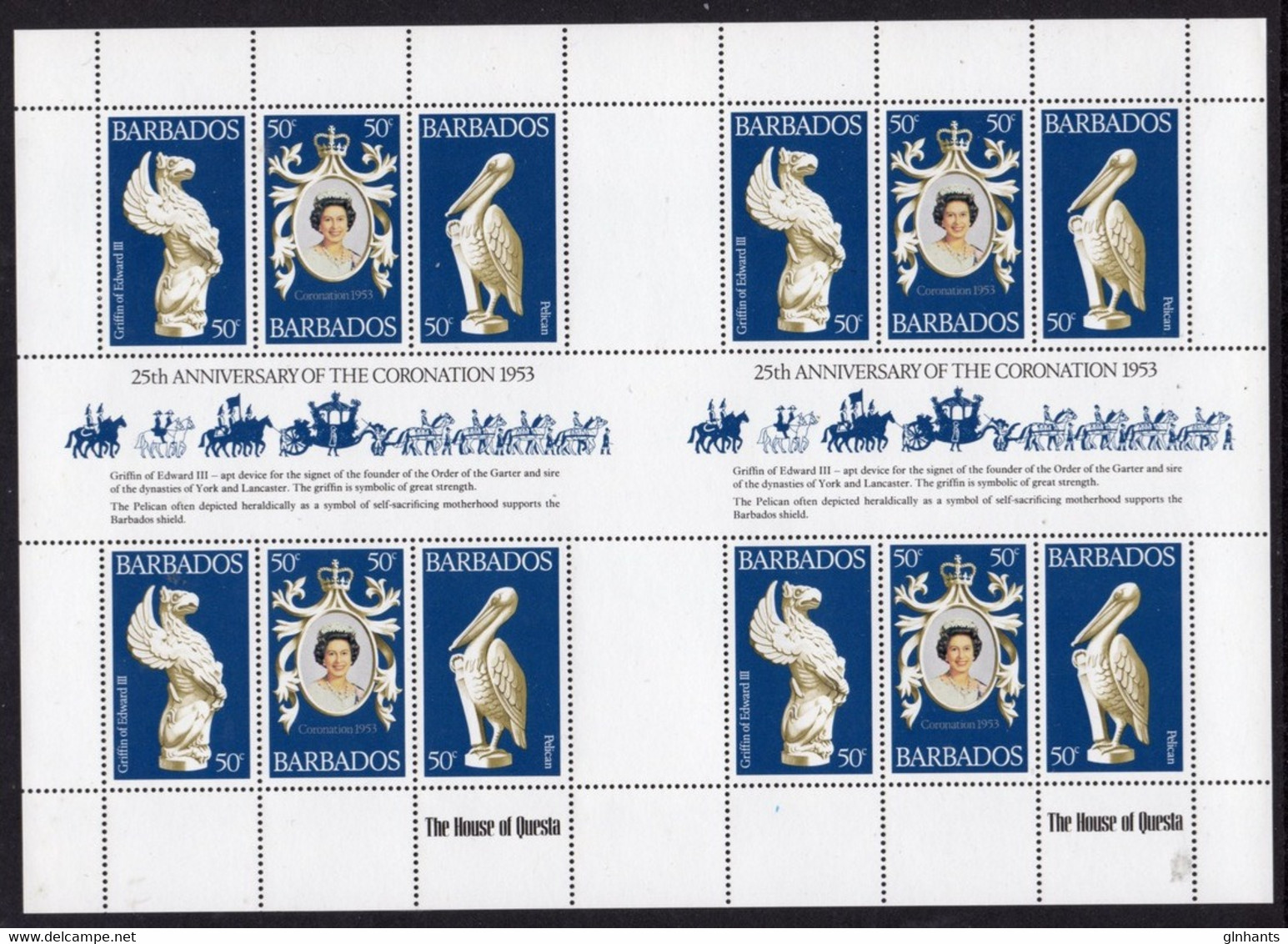 BARBADOS - 1978 CORONATION JUBILEE ANNIVERSARY DOUBLE SHEETLET (12V) NOT LISTED BY SG FINE MNH ** SG 597-599 X 4 - Barbados (1966-...)