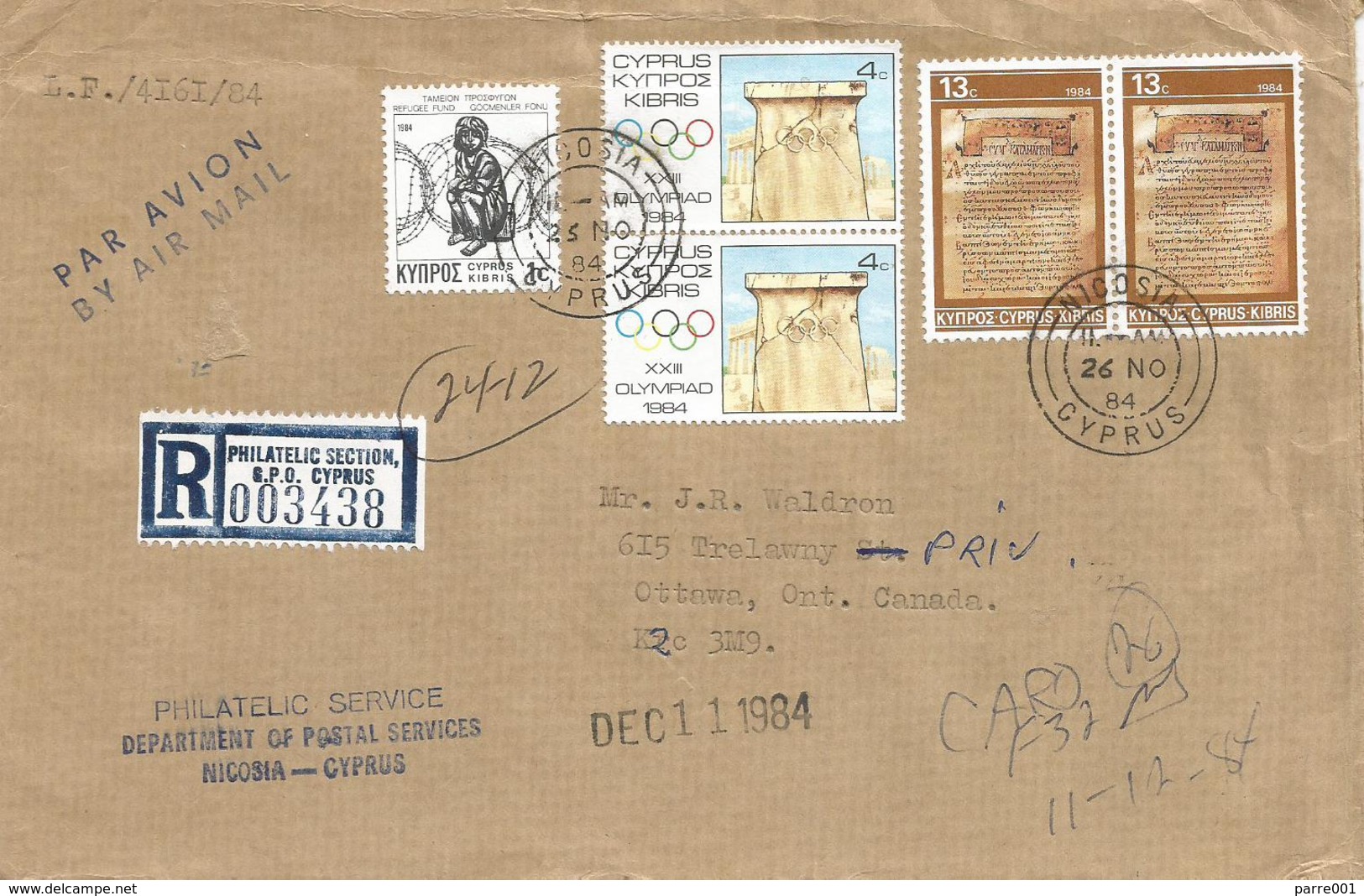 Cyprus 1984 Nicosia Olympic Games Manuscript Registered Cover - Brieven En Documenten