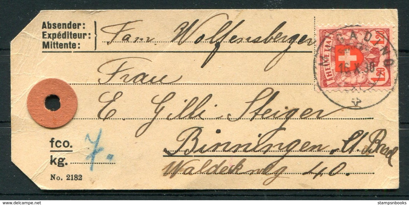 1930 Switzerland Parcel Tag. Magadino - Basel. 1Fr 20c Wappenschild - Covers & Documents