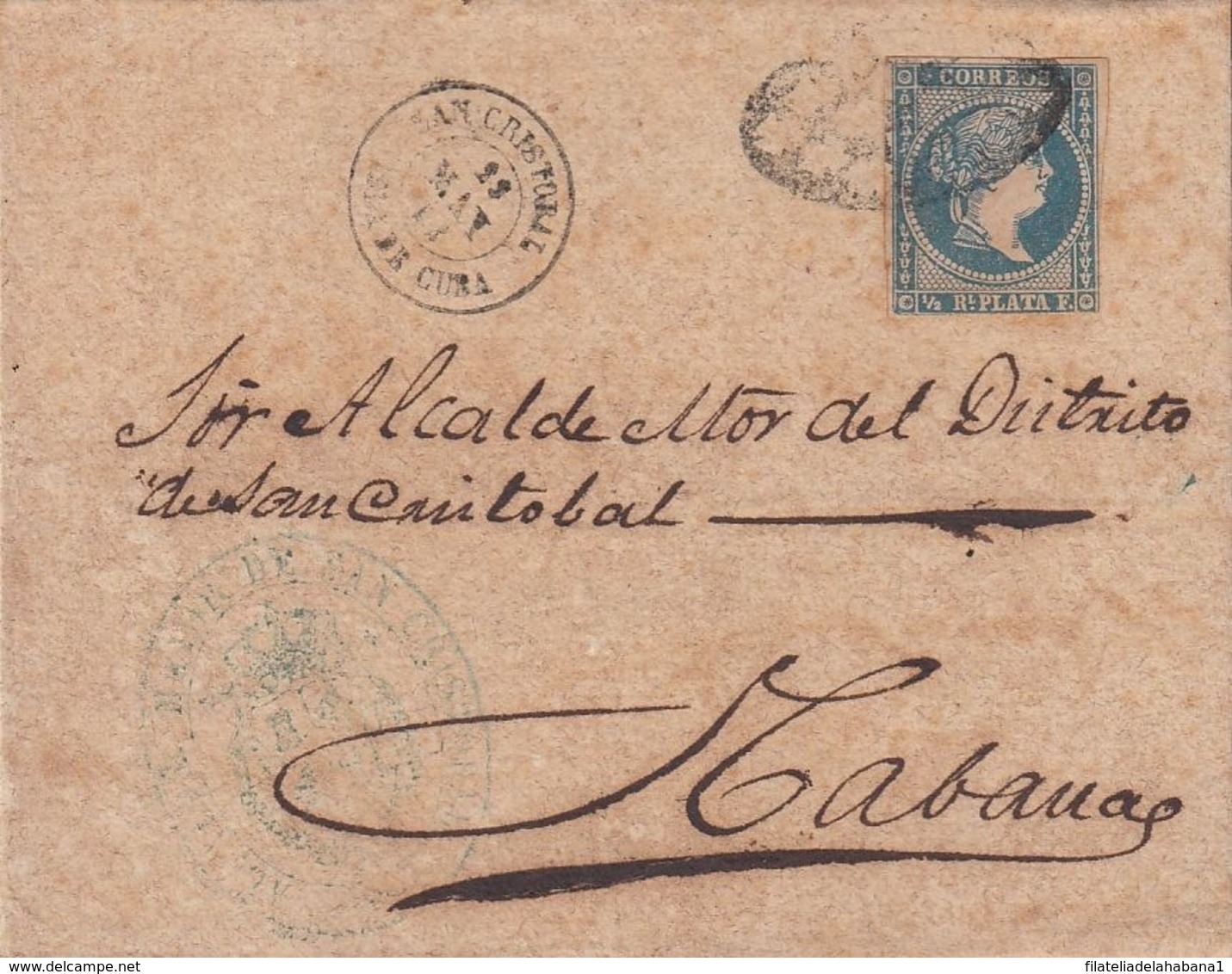 1857-H-322 CUBA SPAIN. ANTILLAS. 1857. ISABEL II. Ant.7. LIMPIADO CON ACIDO. CARTA SAN CRISTOBAL A LA HABANA. MAYO 1861. - Prephilately