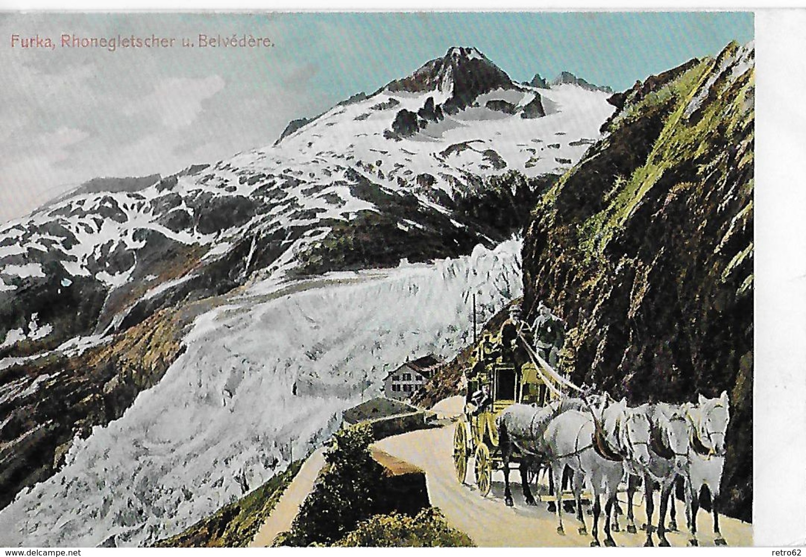 FURKASTRASSE - 5er Pferdegespann Beim Rhonegletscher Oberhalb Des Hotels, Ca.1910 - Autres & Non Classés