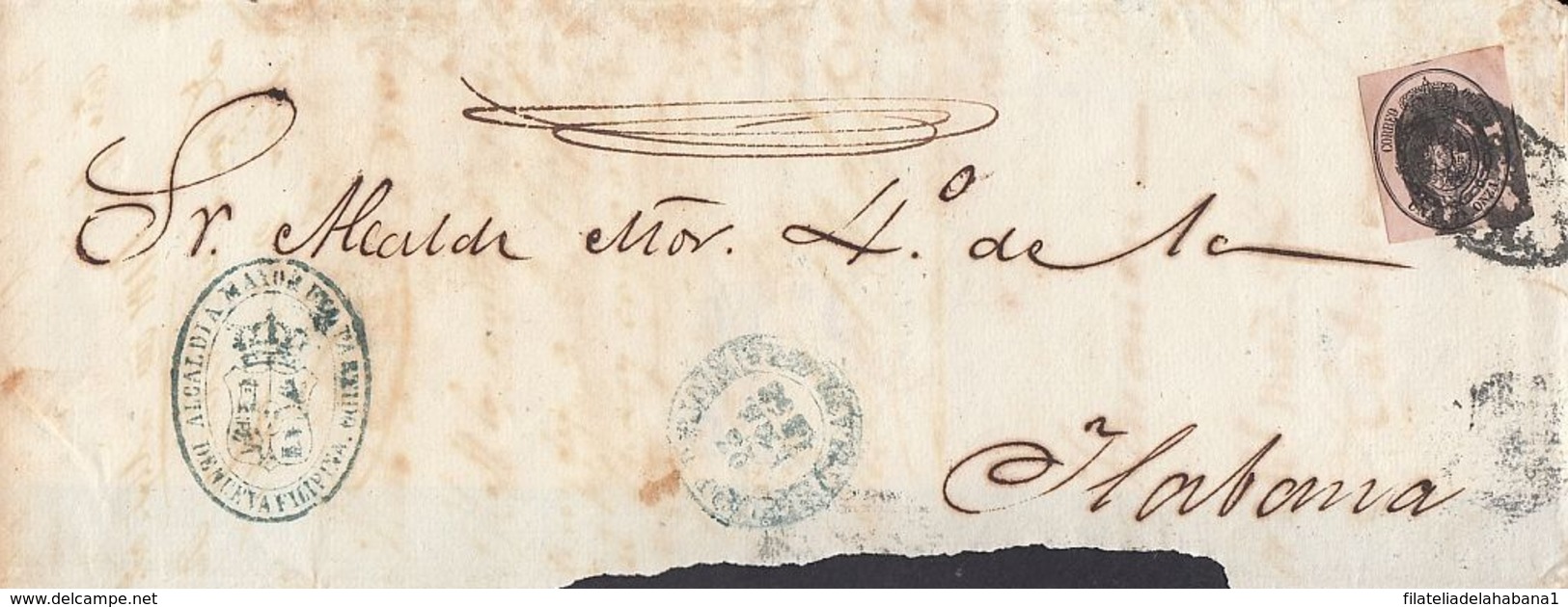 1858-H-196 CUBA SPAIN. ANTILLAS. 1858. ISABEL II. 1 ONZA. CORREO OFICIAL. BAEZA PINAR DEL RIO VERDE A LA HABANA. FEBRERO - Vorphilatelie