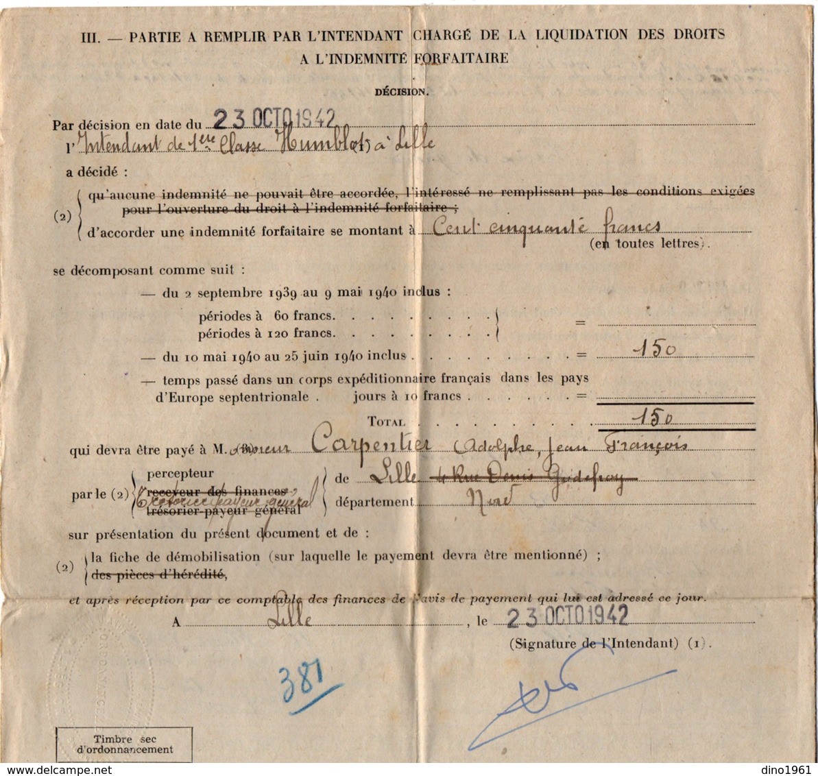 VP13.576 - MILITARIA - LILLE 1942 - Demande D'Allocation ..... 2ème Classe Adolphe CARPENTIER - Documenti