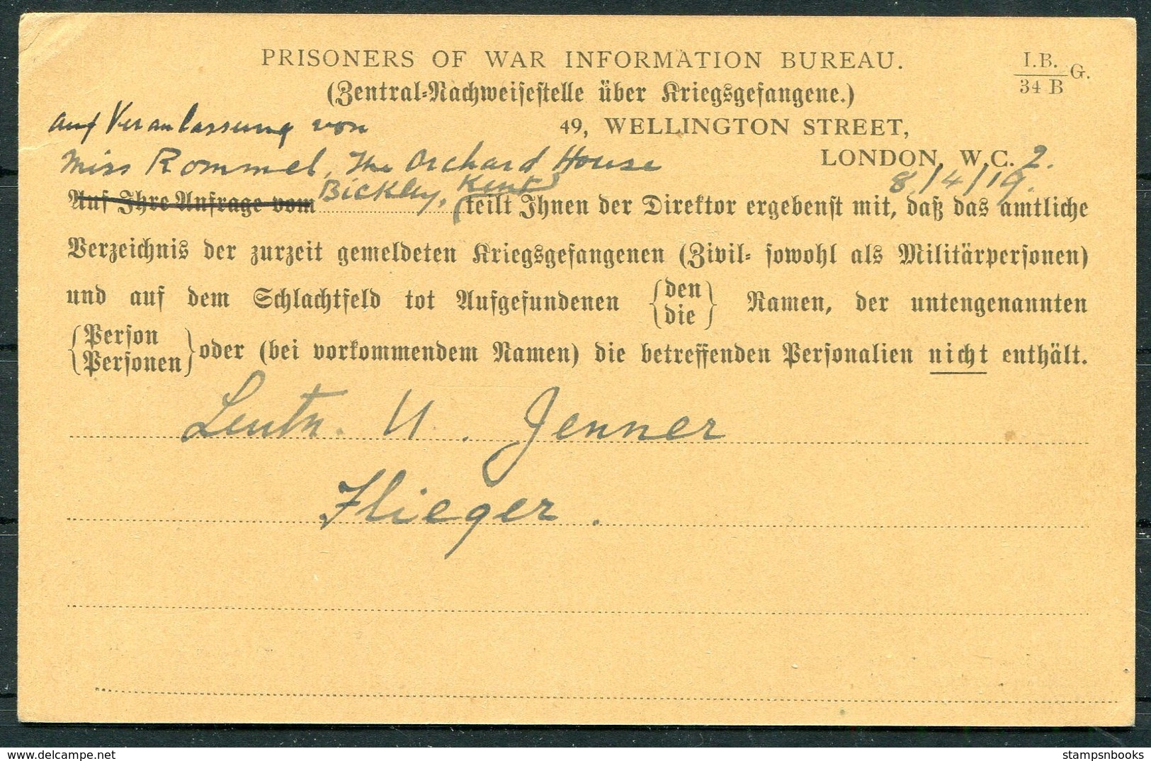 1919 GB Prisoner Of War Information Bureau Postcard - Marburg. Miss Rommel, Bickley Kent. Flieger Lt Jenner Pilot - Covers & Documents