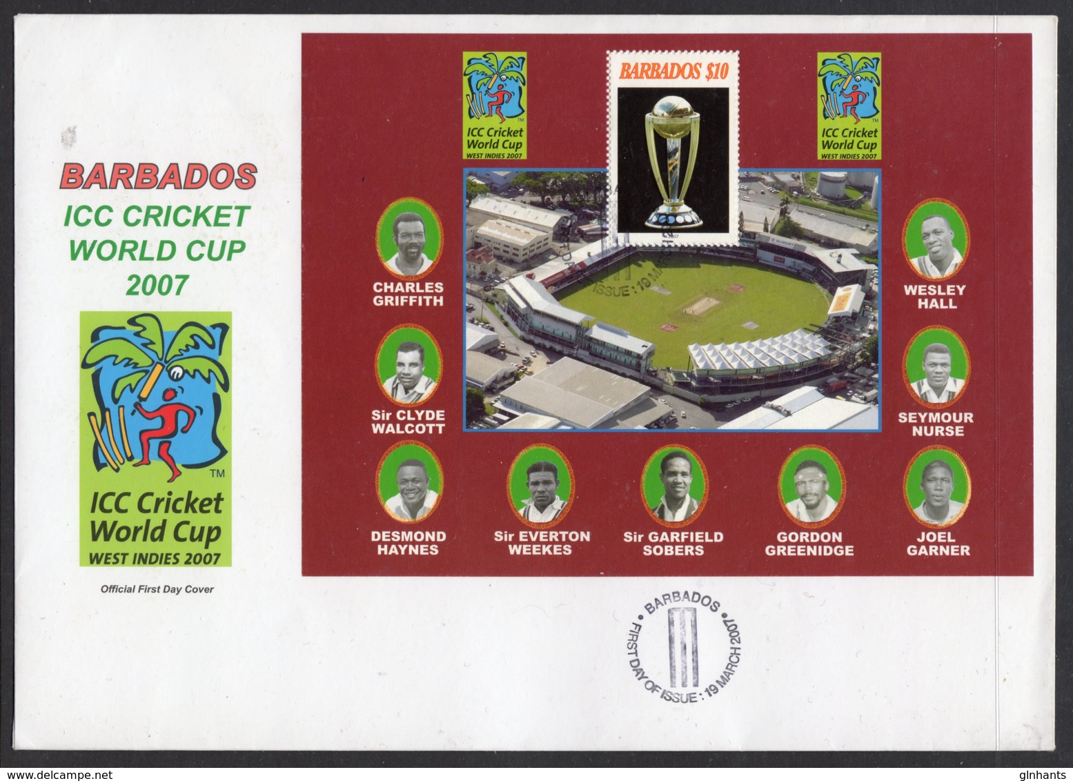 BARBADOS - 2007 ICC CRICKET WORLD CUP $10 MS ON LARGE (23cm X 16cm) FDC RARE - Barbados (1966-...)