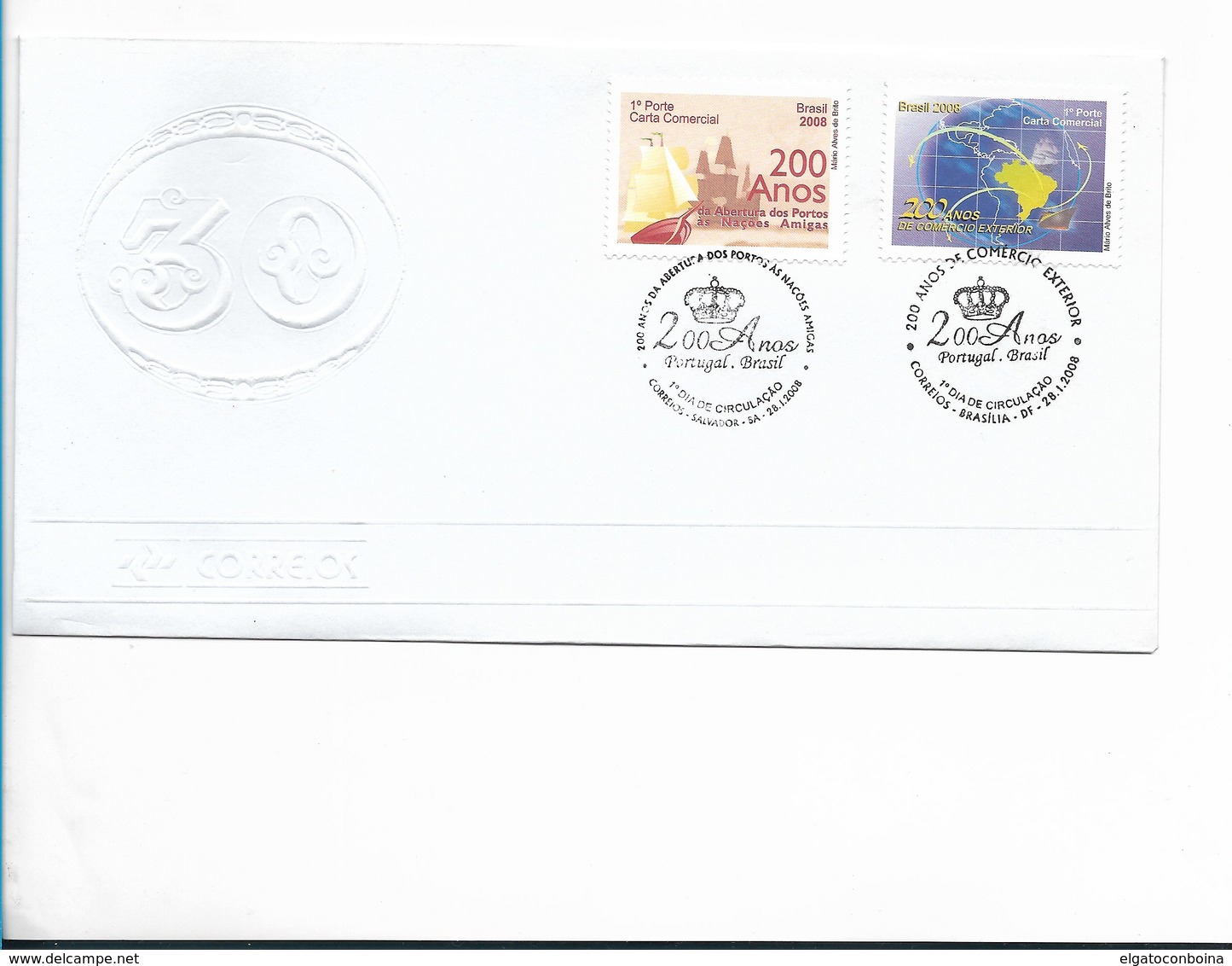 BRAZIL 2008 FDC OPENING OF THE PORTS, COMMERCE, CARTA COMERCIAL, 2 VALUES FIRST DAY COVER SPD SCOTT 3034 - Neufs