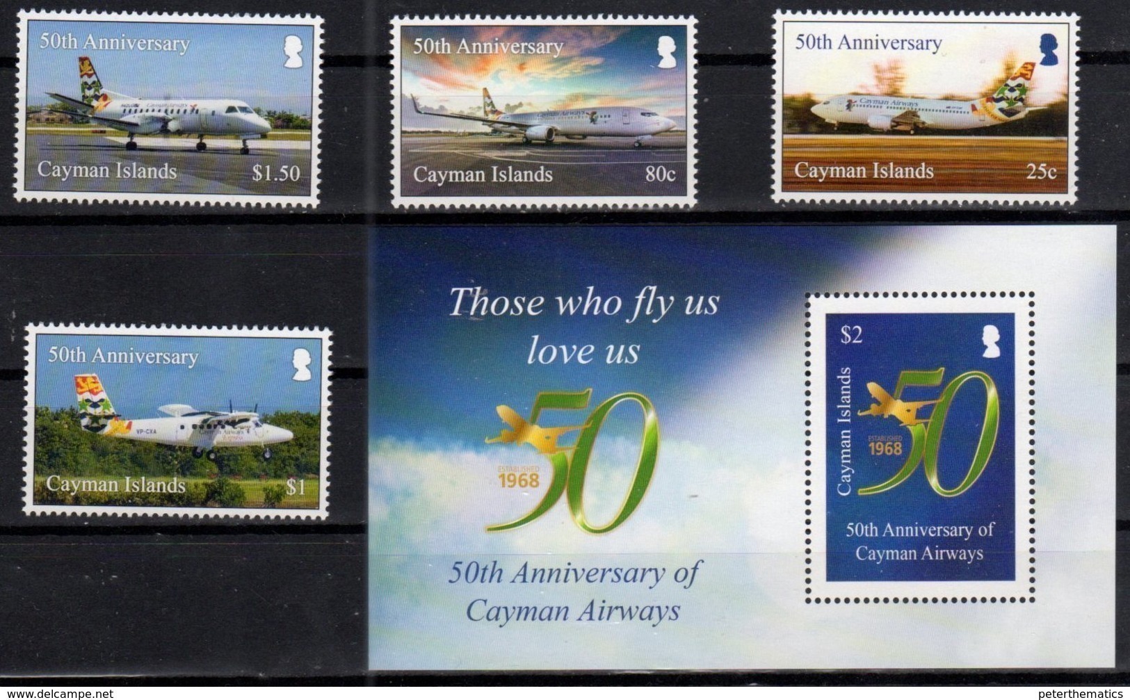 CAYMAN ISLANDS, 2018, MNH, PLANES, 50th ANNIVERSARY OF CAYMAN AIRWAYS, 5v+S/SHEET - Airplanes