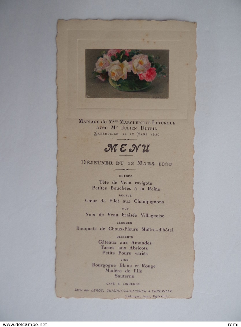 Souvenir De MARIAGE 13 Mars 1930 Avec Menu Image Pieuse Religion - Menus